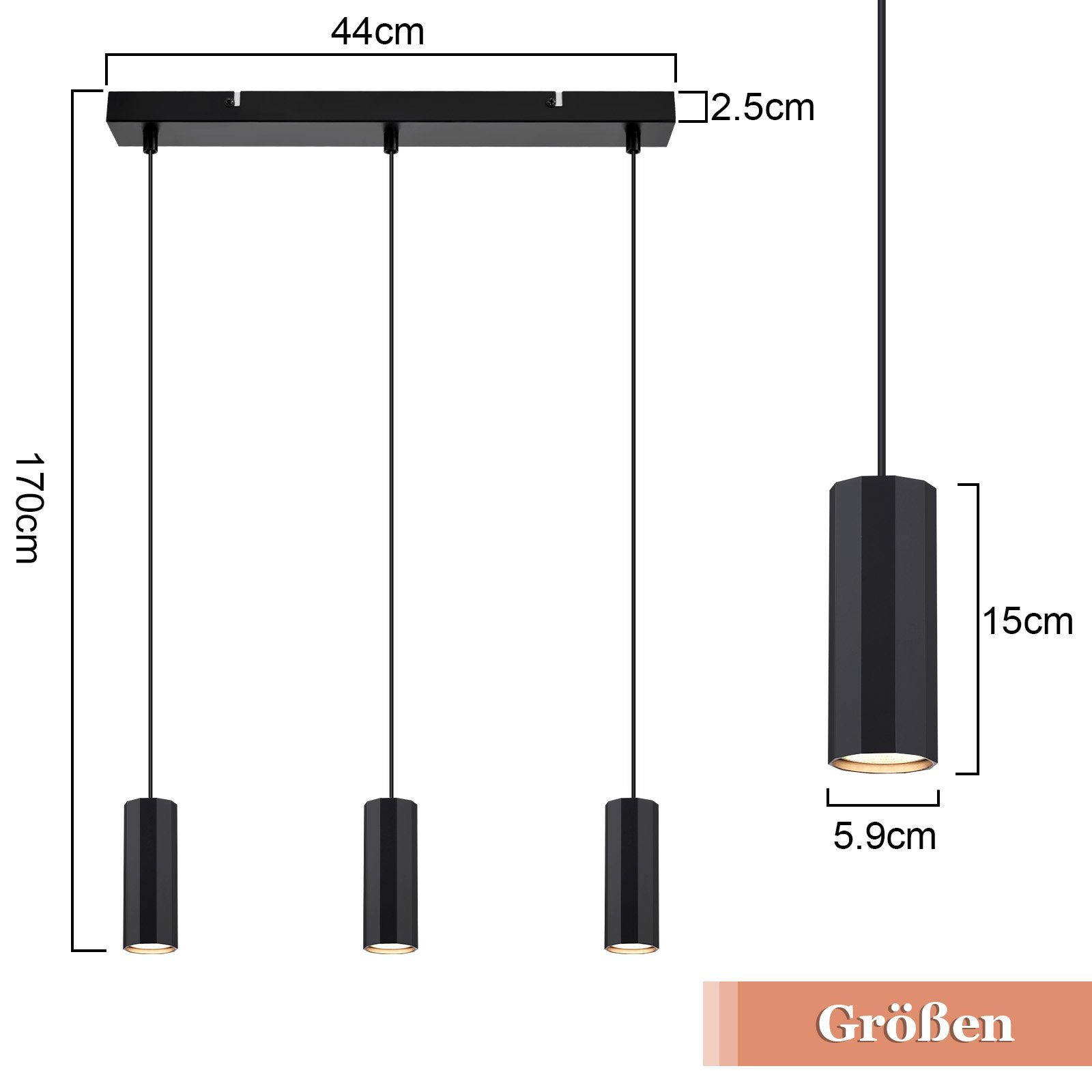 Schwarze zylindrische Pendelleuchten mit Maßen. Die Lampe hat einen 44 cm langen Sockel und hängt 170 cm herunter.