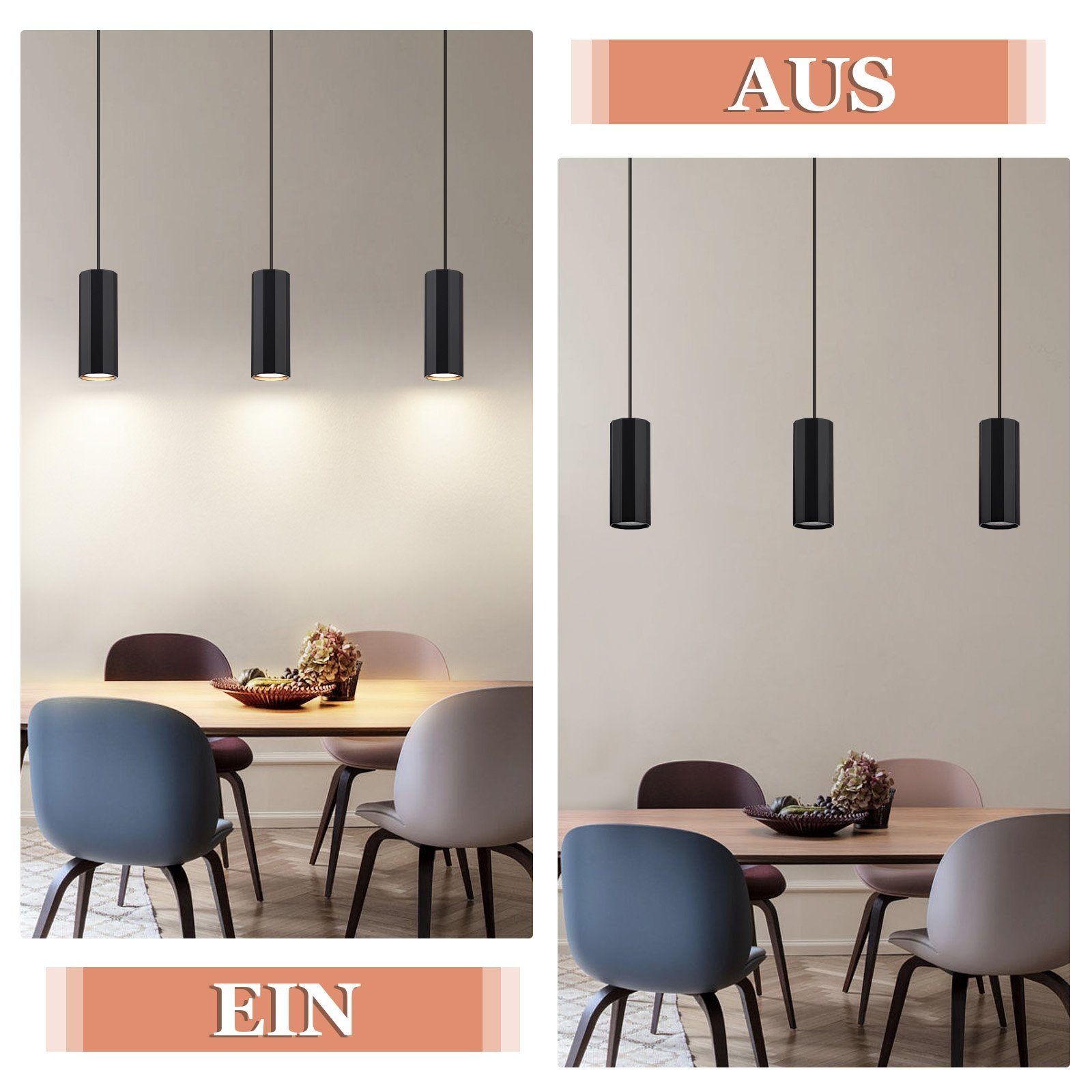 Drei schwarze Pendelleuchten, zwei an und eine aus. Ein Esstisch und Stühle sind sichtbar. Beige Wand.