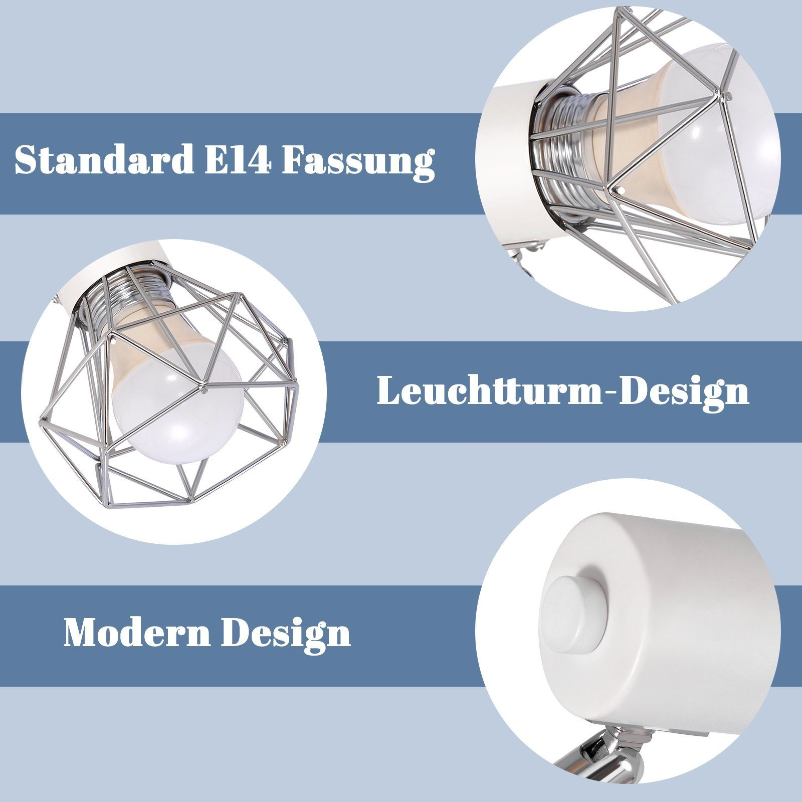 Una lámpara moderna con diseño en forma de jaula. Muestra casquillo E14, diseño Leuchtturm y características modernas.