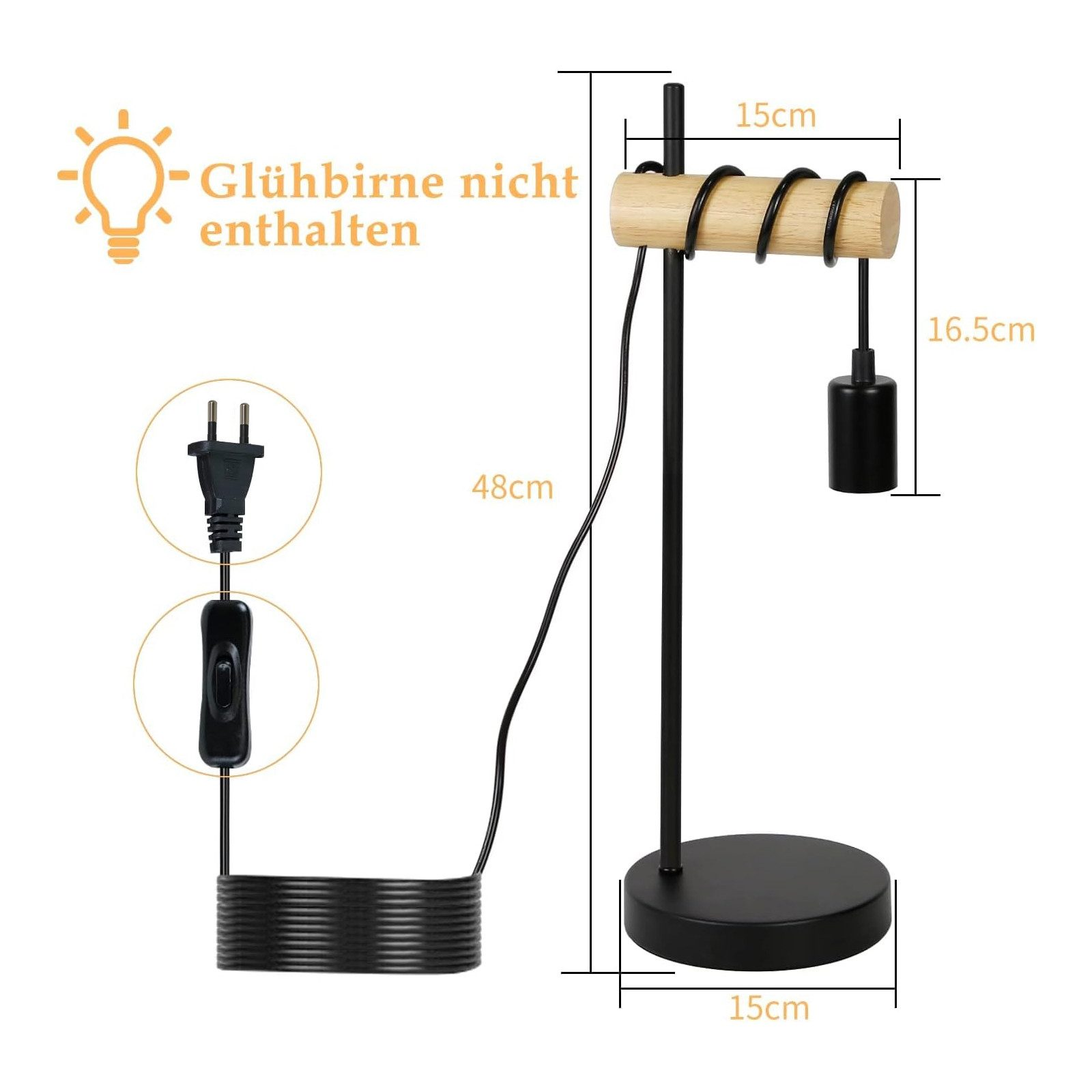 Schemat czarnej lampy stołowej z wymiarami i wtyczką. Żarówka nie jest dołączona.