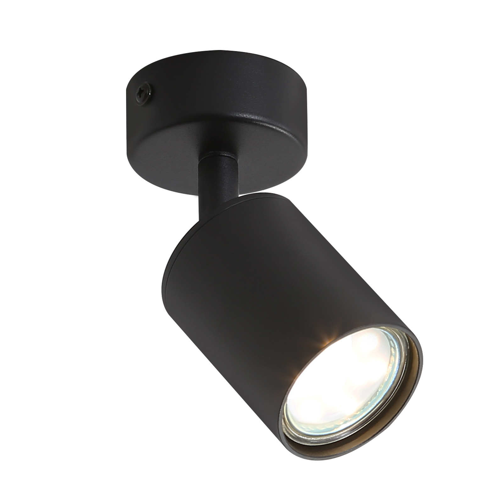 Faretto nero montato su soffitto bianco. La luce è diretta verso lo spettatore.