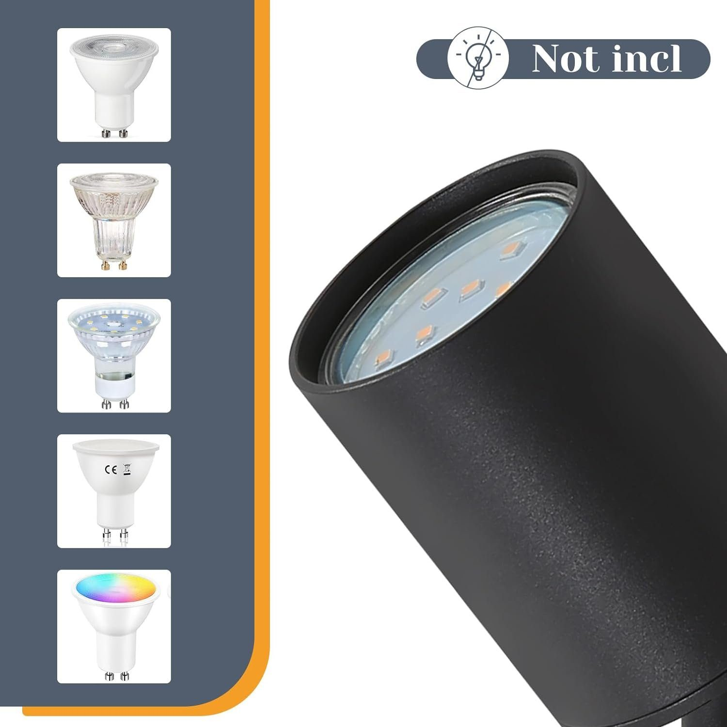 Apparecchio nero con LED. A sinistra sono mostrati vari stili di lampadine. Il testo 'Not incl' è mostrato.