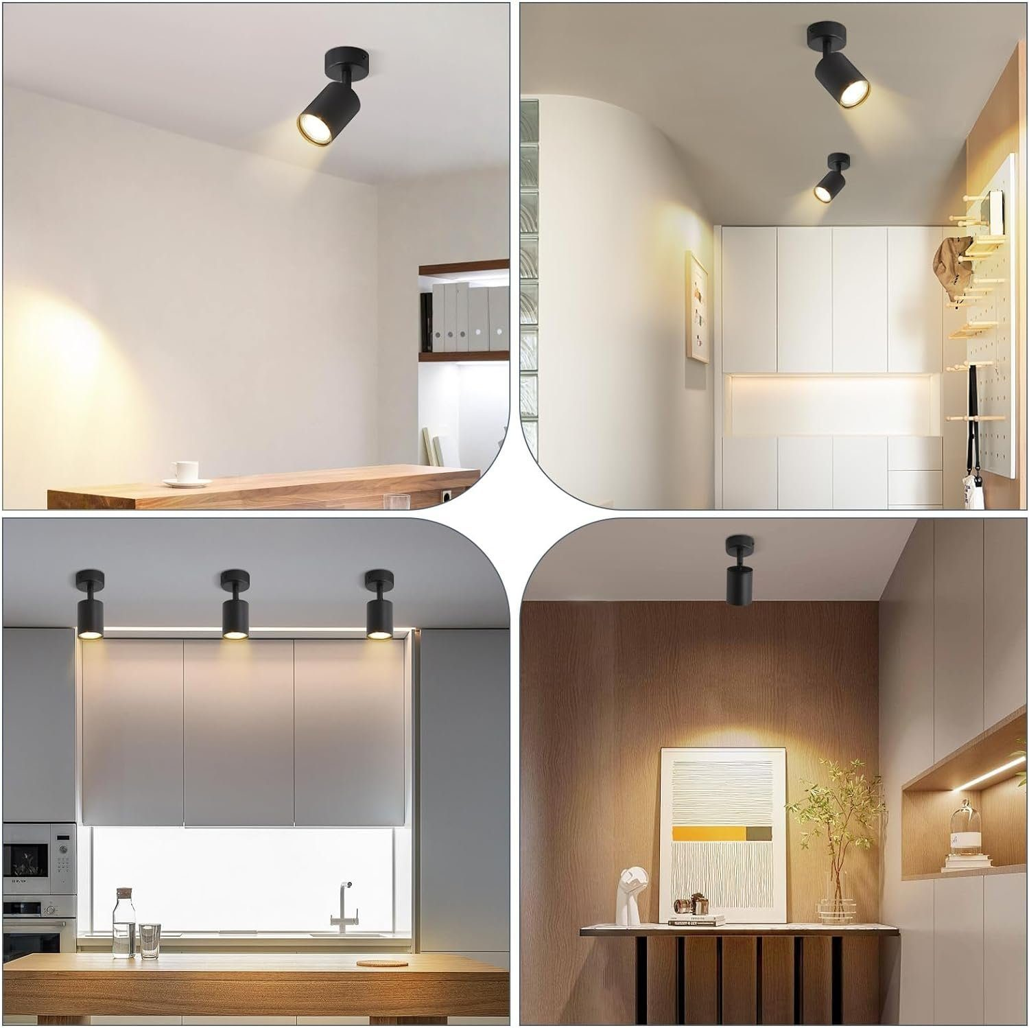 Quattro immagini mostrano faretti da soffitto neri in diverse ambientazioni, che illuminano le aree.