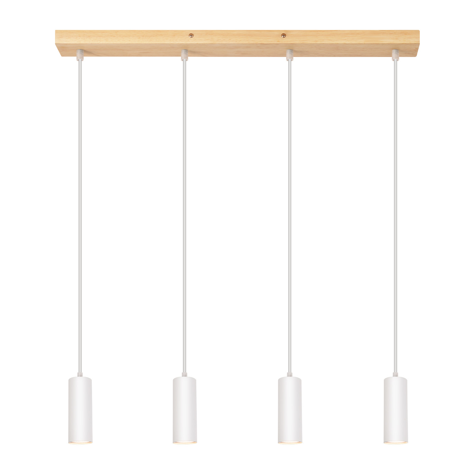 Lampade a sospensione con quattro lampade cilindriche bianche sospese da una trave.