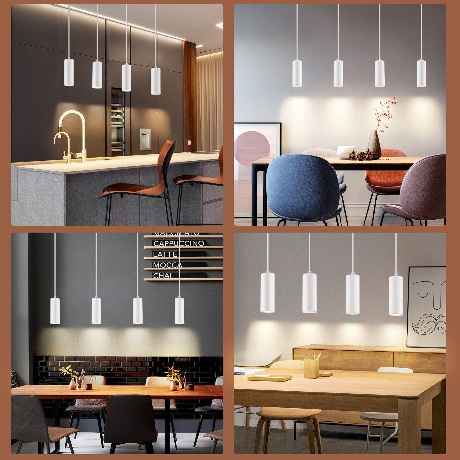 Quattro immagini che mostrano vari spazi interni con lampade a sospensione, ognuno con un design minimalista e moderno.