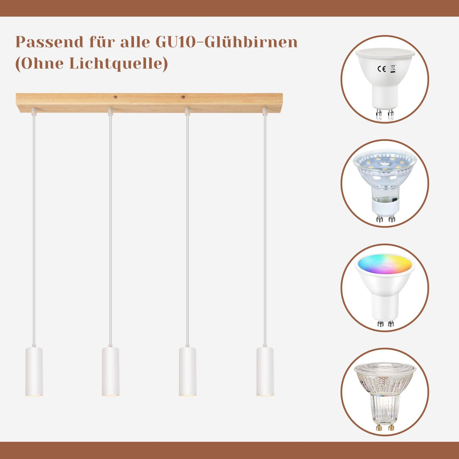 Quattro lampade a sospensione con base in legno e diversi tipi di lampadine. Cavi bianchi.