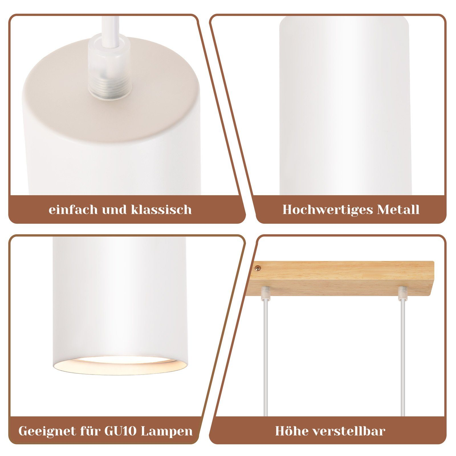 Primo piano dei dettagli di una lampada cilindrica bianca: corpo in metallo, lampada GU10, altezza regolabile, base in legno.