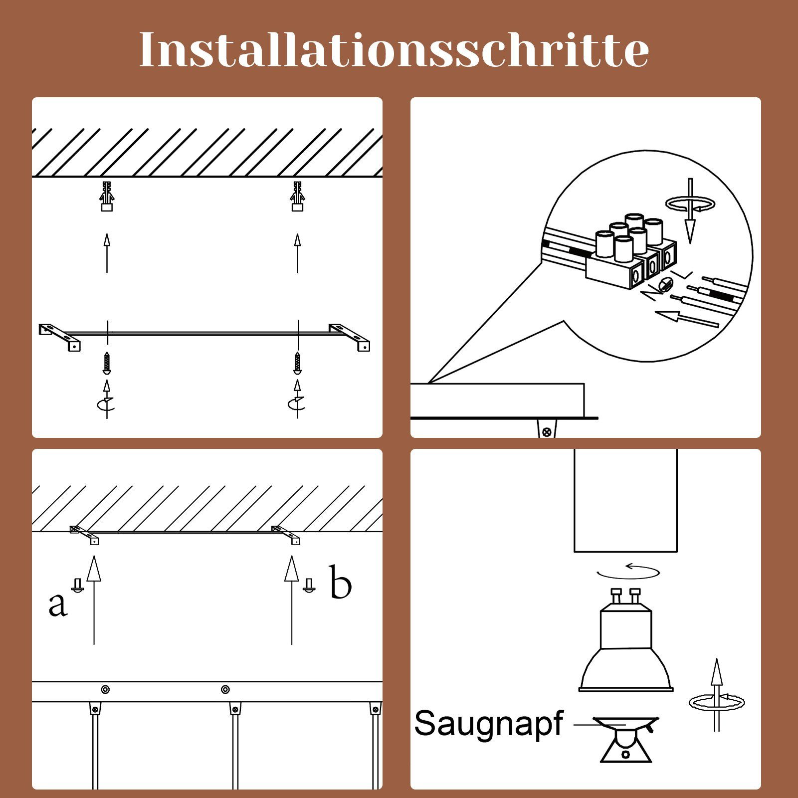Installationsschritte-Diagramm. Vier Tafeln zeigen die Installation von Schrauben und Halterungen.