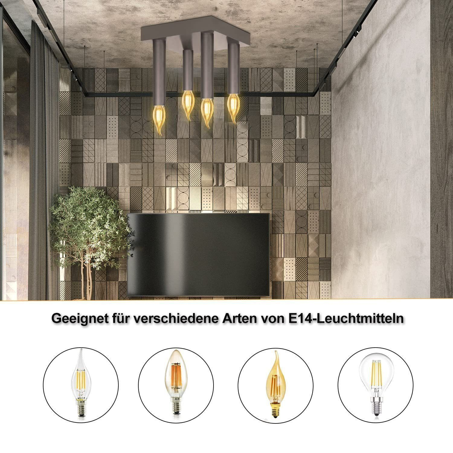 Quattro luci a sospensione con lampadine E14 appese a un fissaggio a soffitto quadrato, con vari stili di lampadine.
