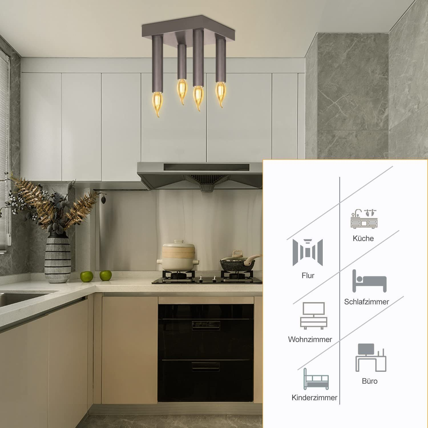 Scena di cucina con una moderna lampada a 4 luci, sopra un fornello e elettrodomestici.
