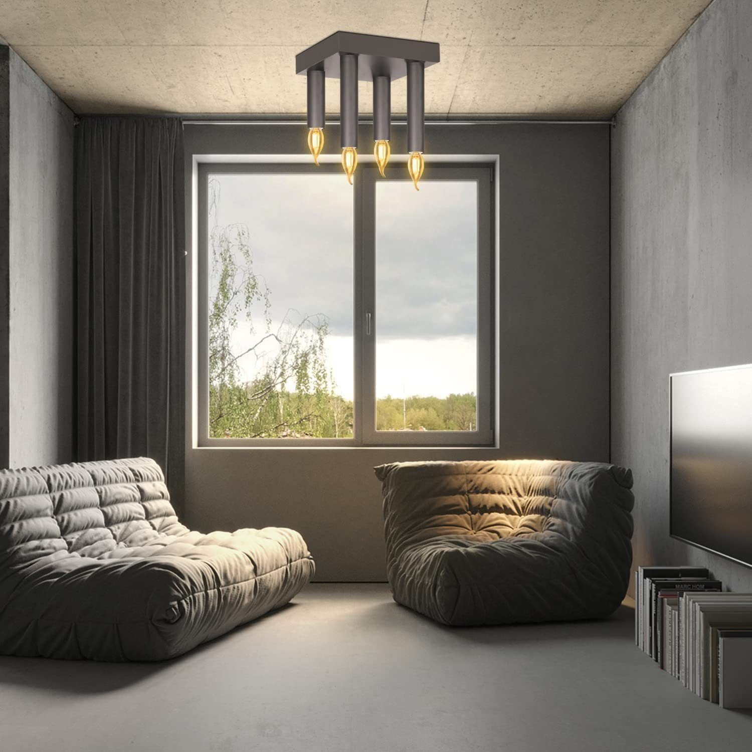 Una stanza con due pouf, una finestra e un lampadario.