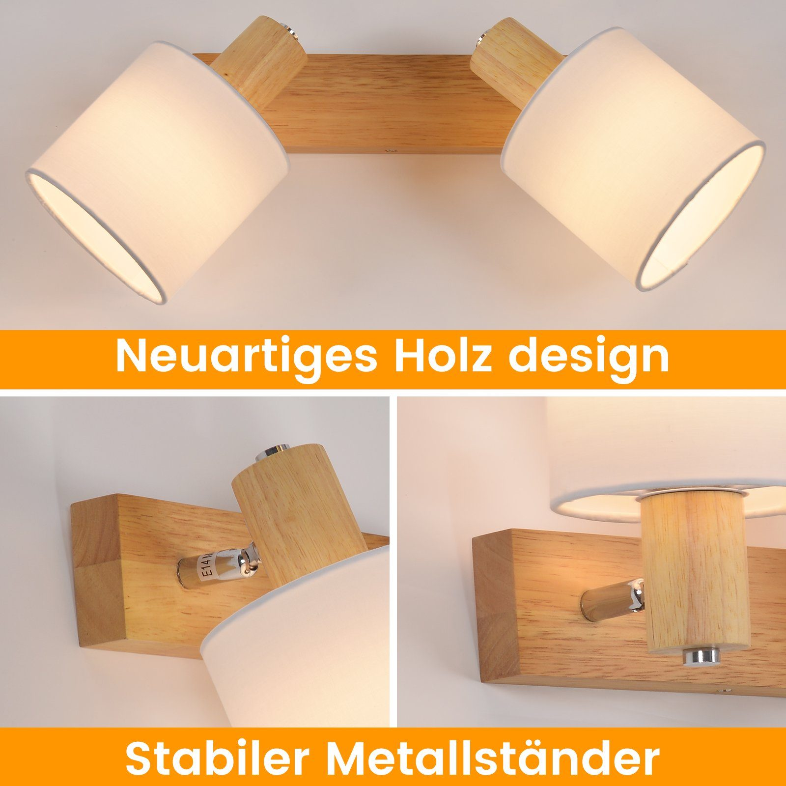 Due faretti montati su una tavola di legno. L'immagine evidenzia il design in legno e il supporto in metallo.