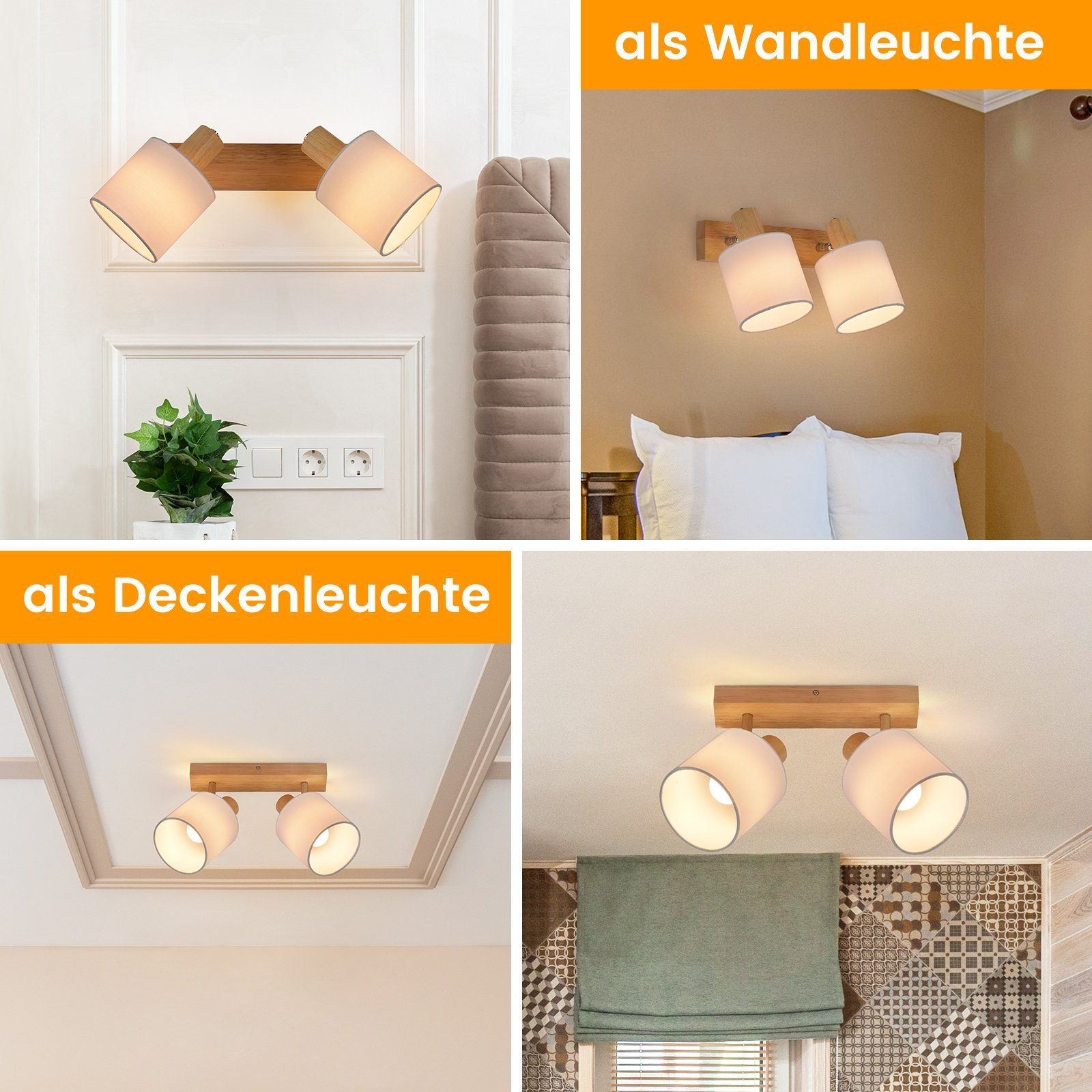 Vengono mostrate due luci, montate su una trave di legno, come applique e lampada da soffitto.