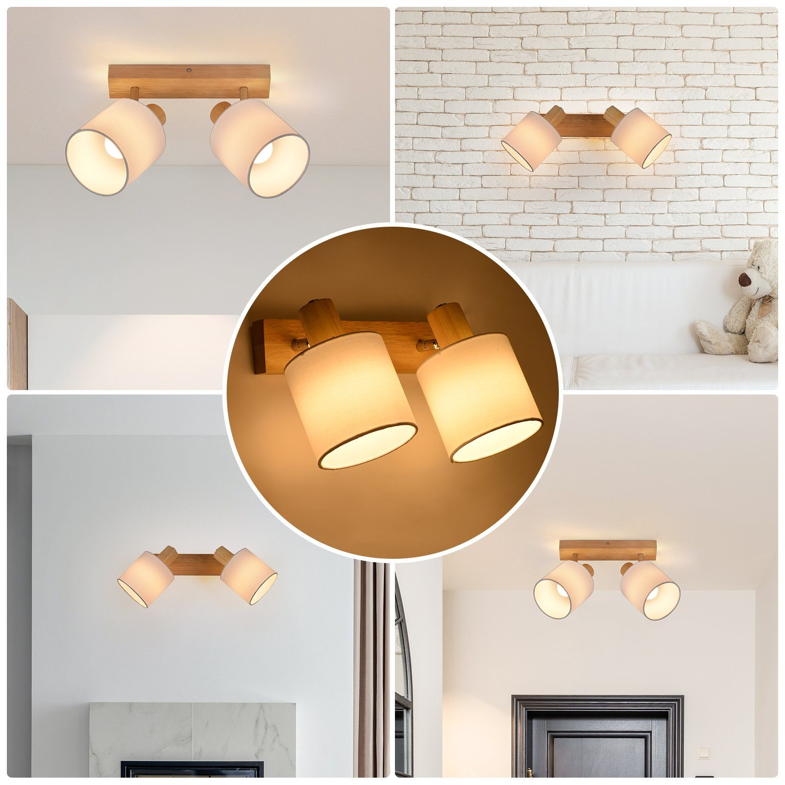 Molteplici viste di un apparecchio di illuminazione in legno con due paralumi bianchi.