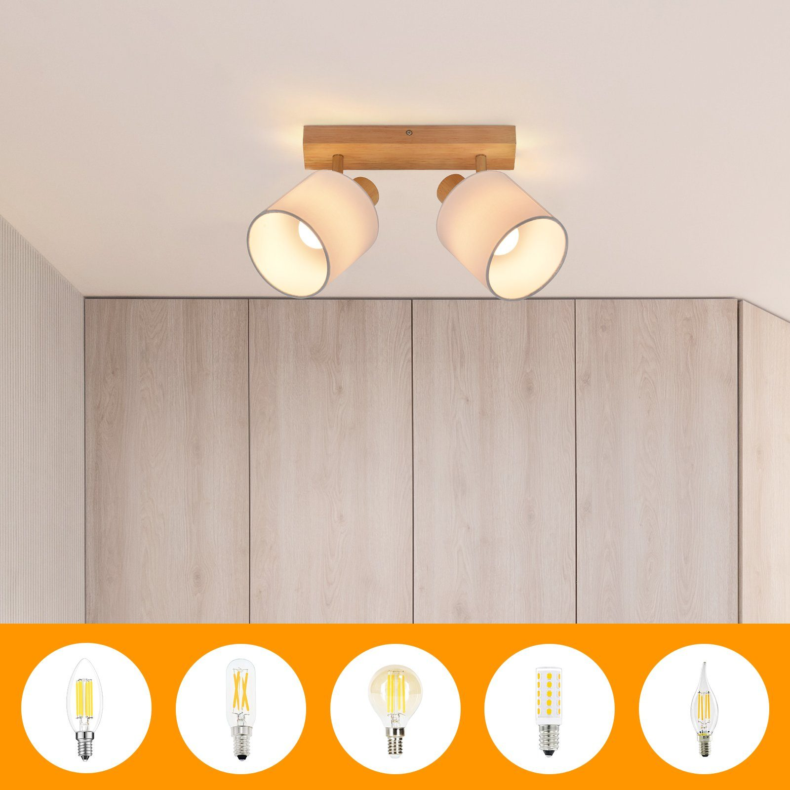 Plafoniera con due paralumi, supporto in legno. Cinque diversi tipi di lampadine sotto.