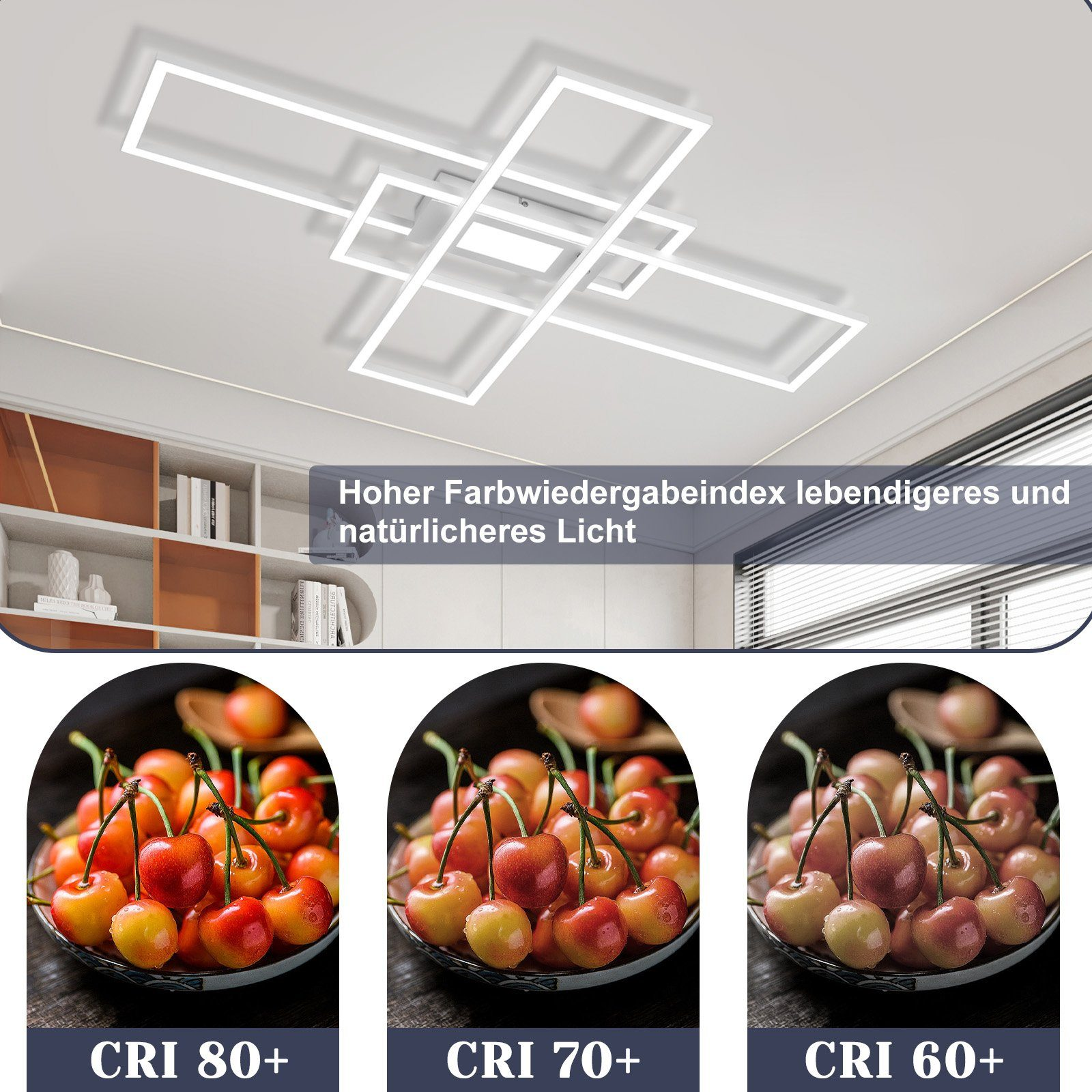 Białe lampy sufitowe, miska wiśni i pokój z półkami i białym sufitem.