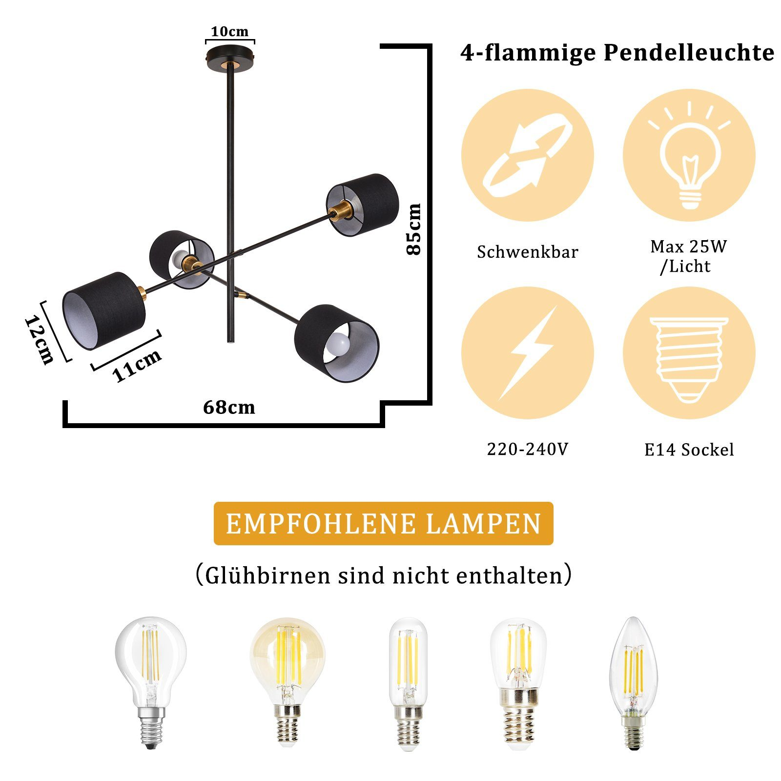 Schemat czarnej lampy wiszącej z wymiarami i typami żarówek.