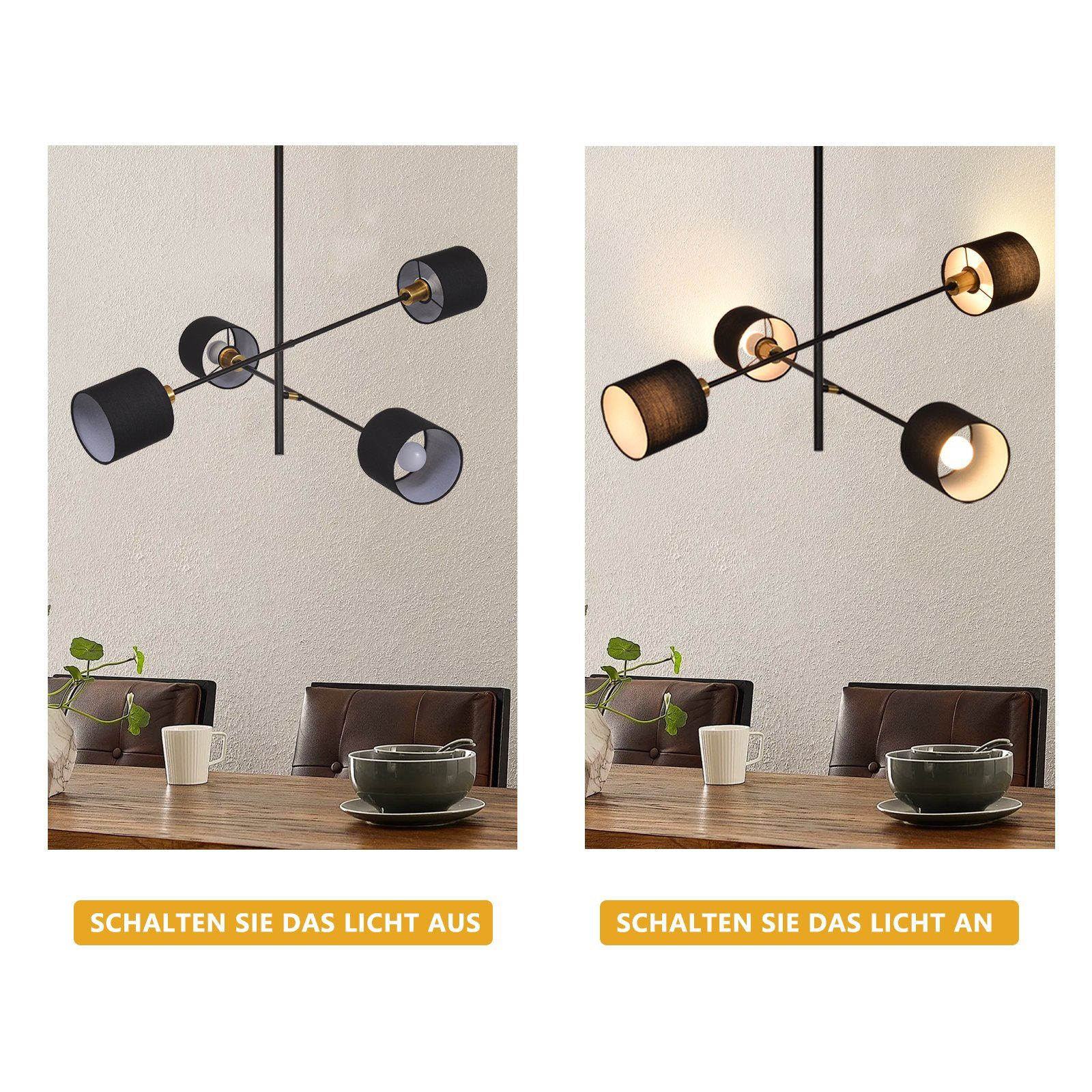 Una coppia di immagini che mostrano una moderna lampada da soffitto accesa e spenta. La lampada ha paralumi neri.