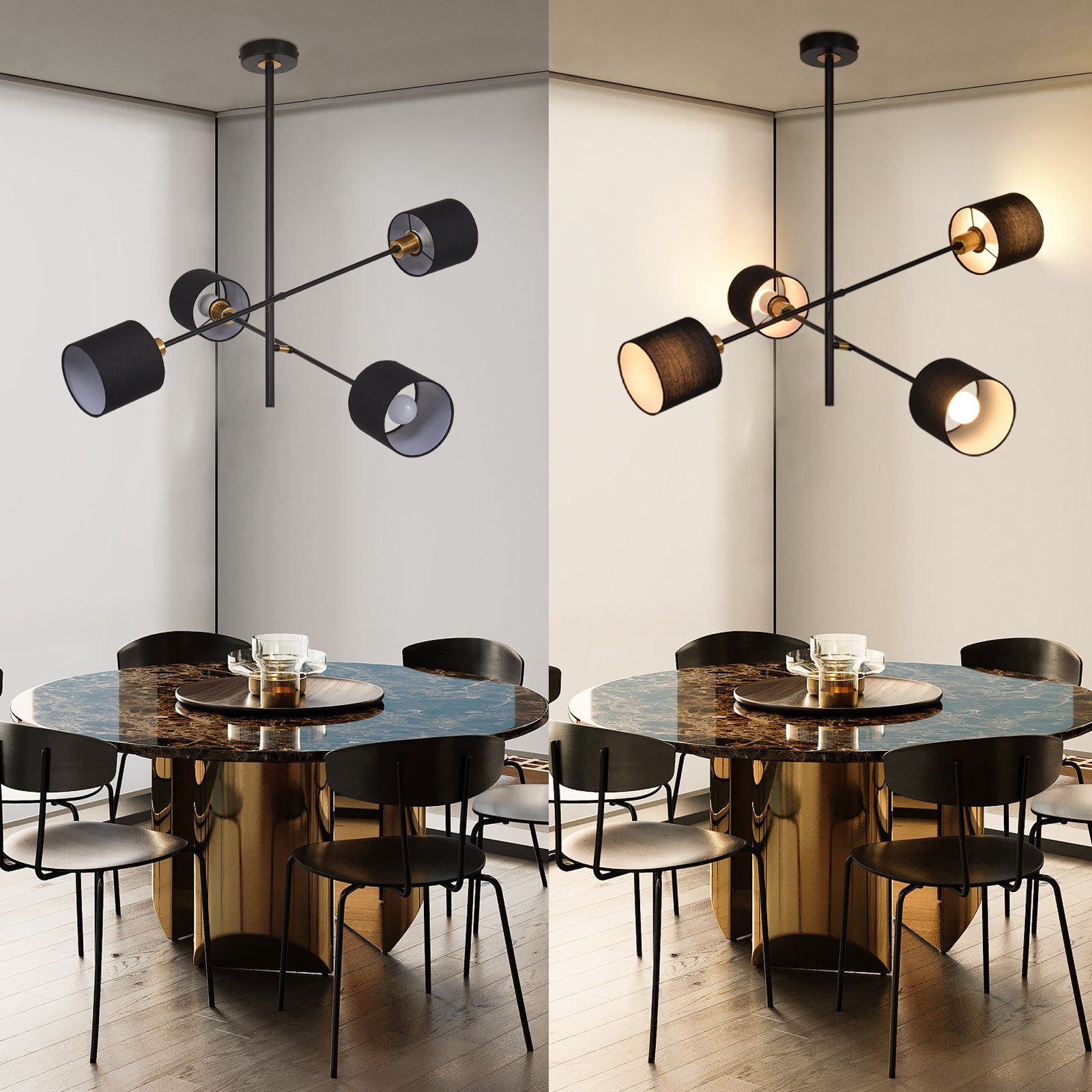 Due immagini di un lampadario con paralumi e lampadine nere. Illuminazione calda e fredda. Sfondo bianco.