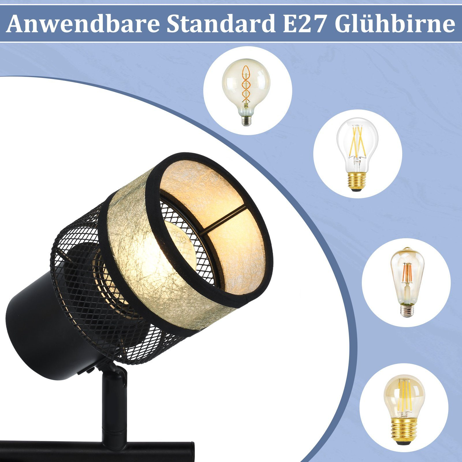 Un faretto nero con paralume in rete e tessuto, che mostra diverse lampadine E27.