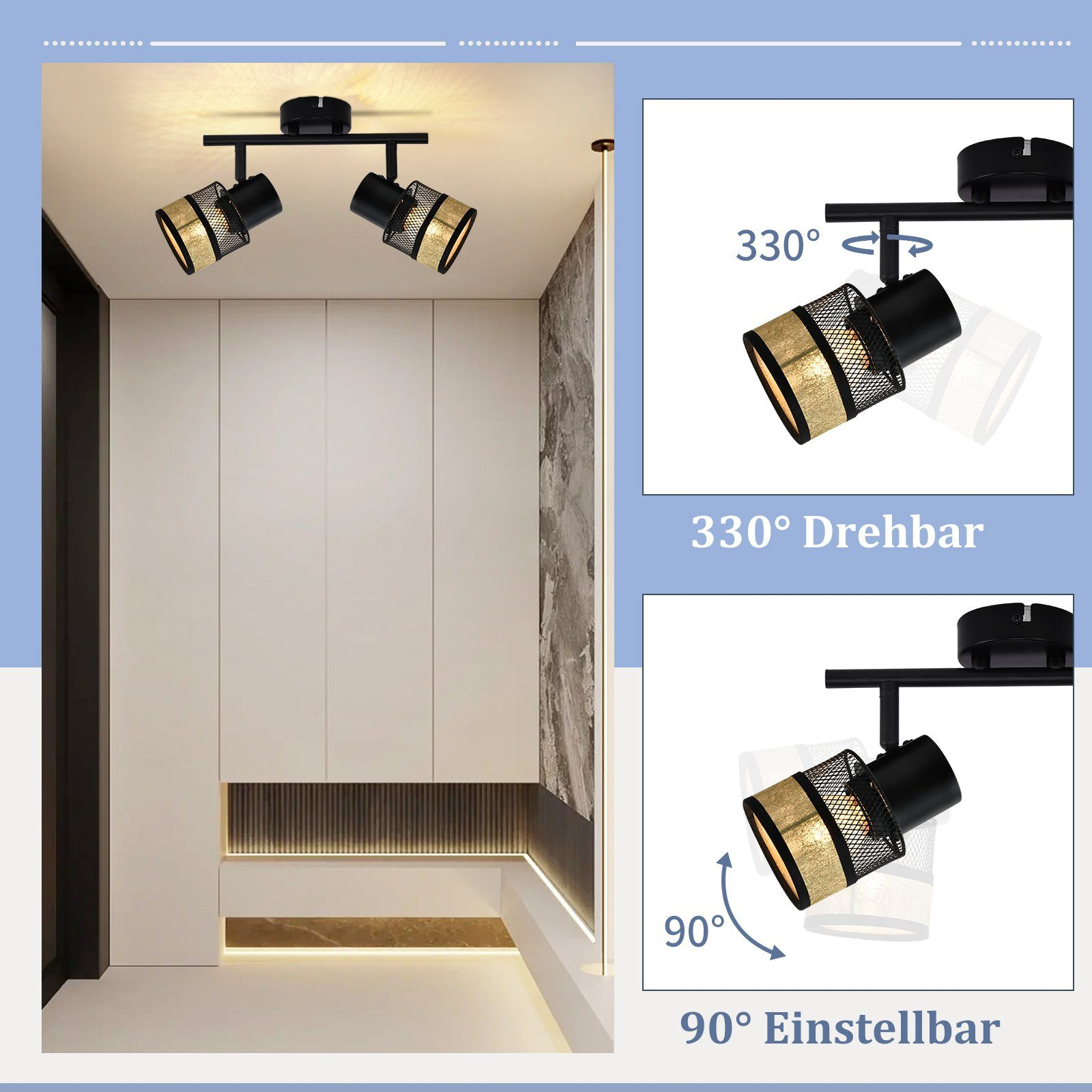 Un apparecchio di illuminazione a soffitto con faretti regolabili, che mostra la sua rotazione.
