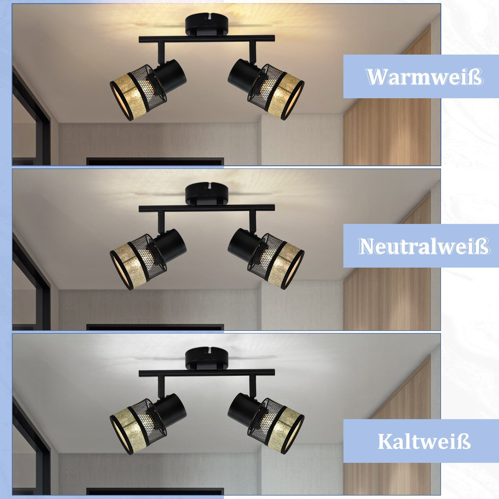 Tre viste degli stessi faretti da soffitto in diverse temperature colore: bianco caldo, neutro e freddo.