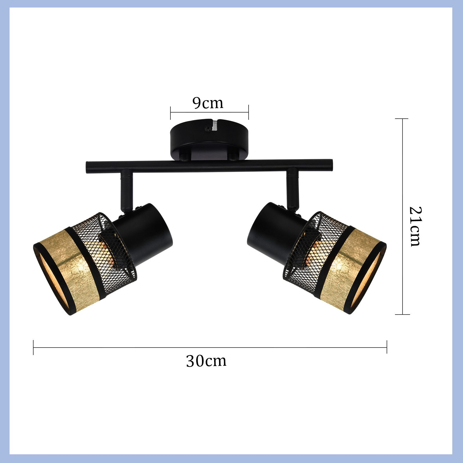 Due faretti neri con paralumi dorati, dimensioni 30 cm larghezza e 21 cm altezza.