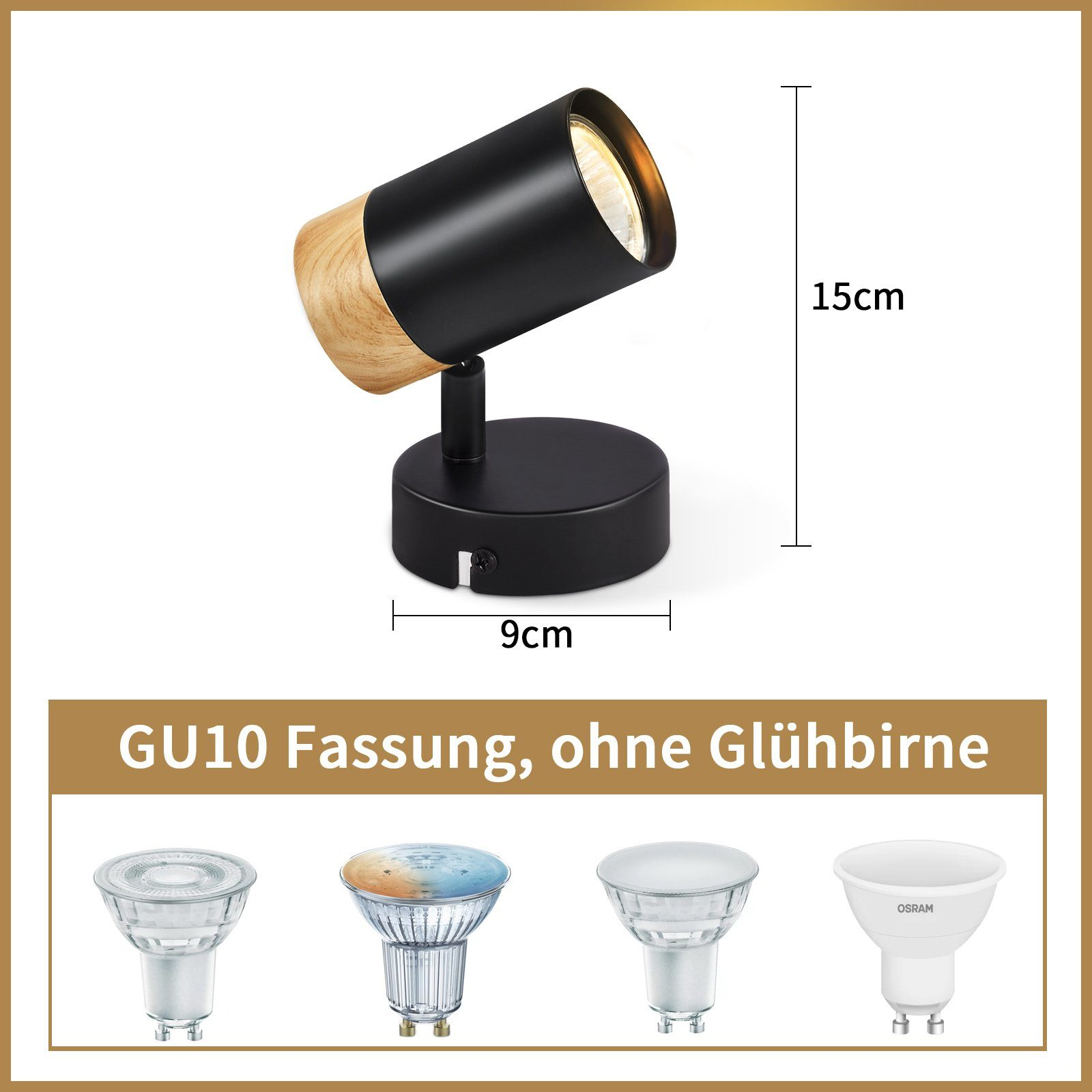 Un faretto nero e color legno. Sotto sono mostrati diversi tipi di lampadine.