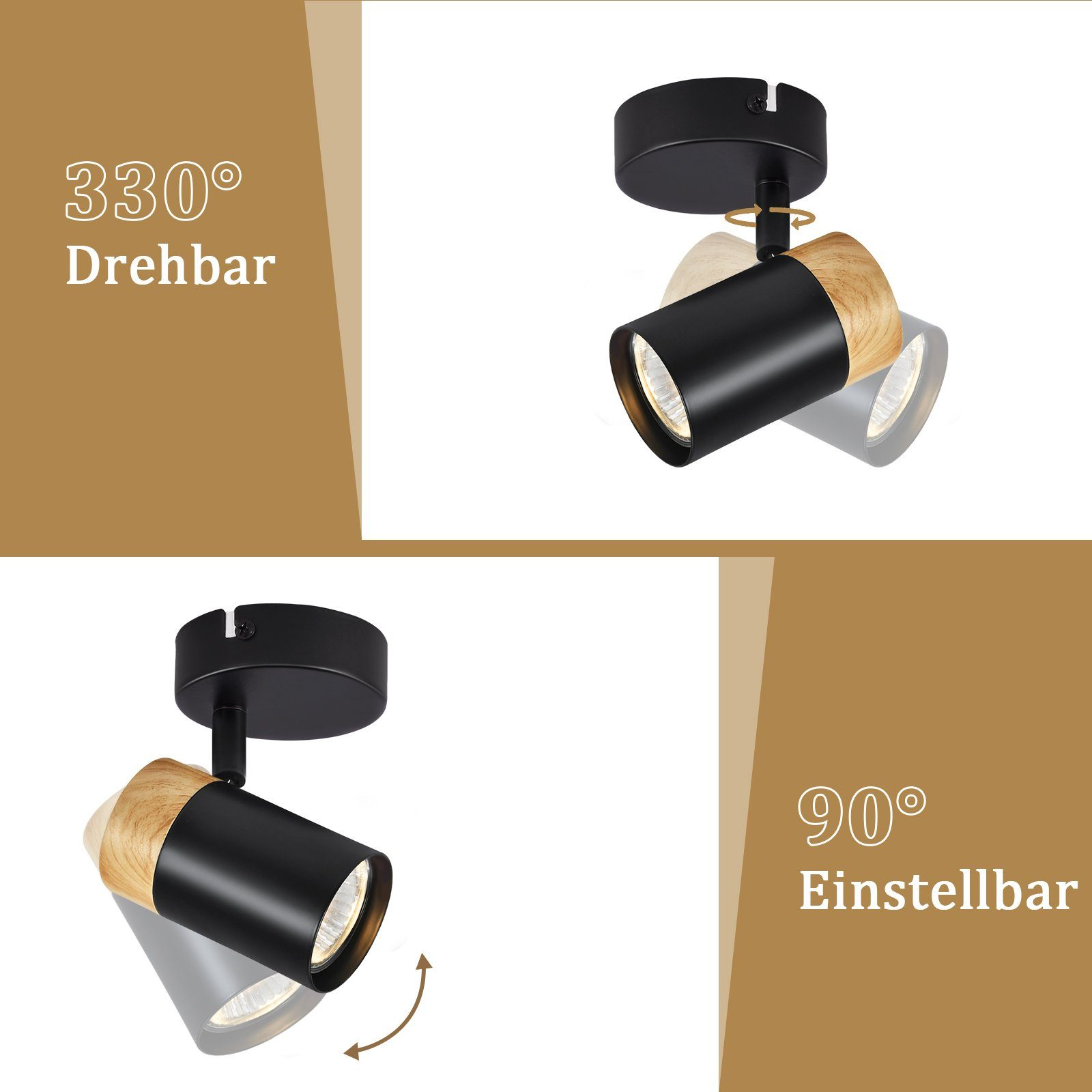 Due faretti orientabili, neri e color legno, con testo che indica l'orientabilità.