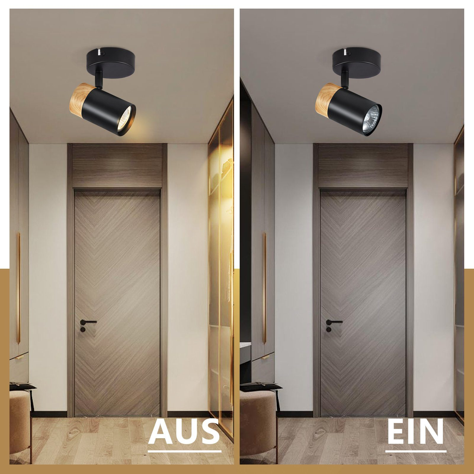 Due immagini che mostrano una luce accesa e spenta, con una porta in legno sullo sfondo.
