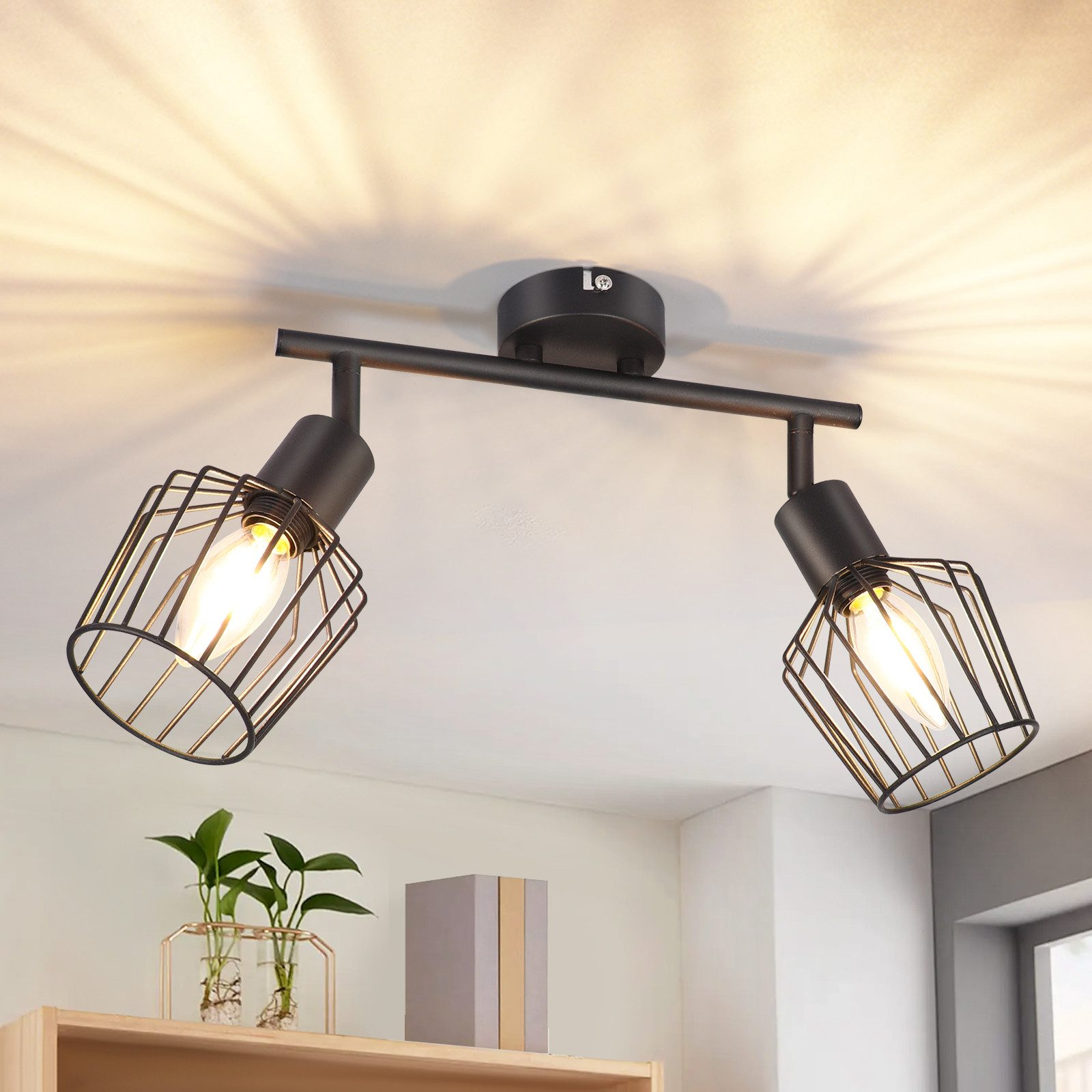 Due faretti neri con paralumi a gabbia, montati a soffitto. Visibili piante e mensola in legno.