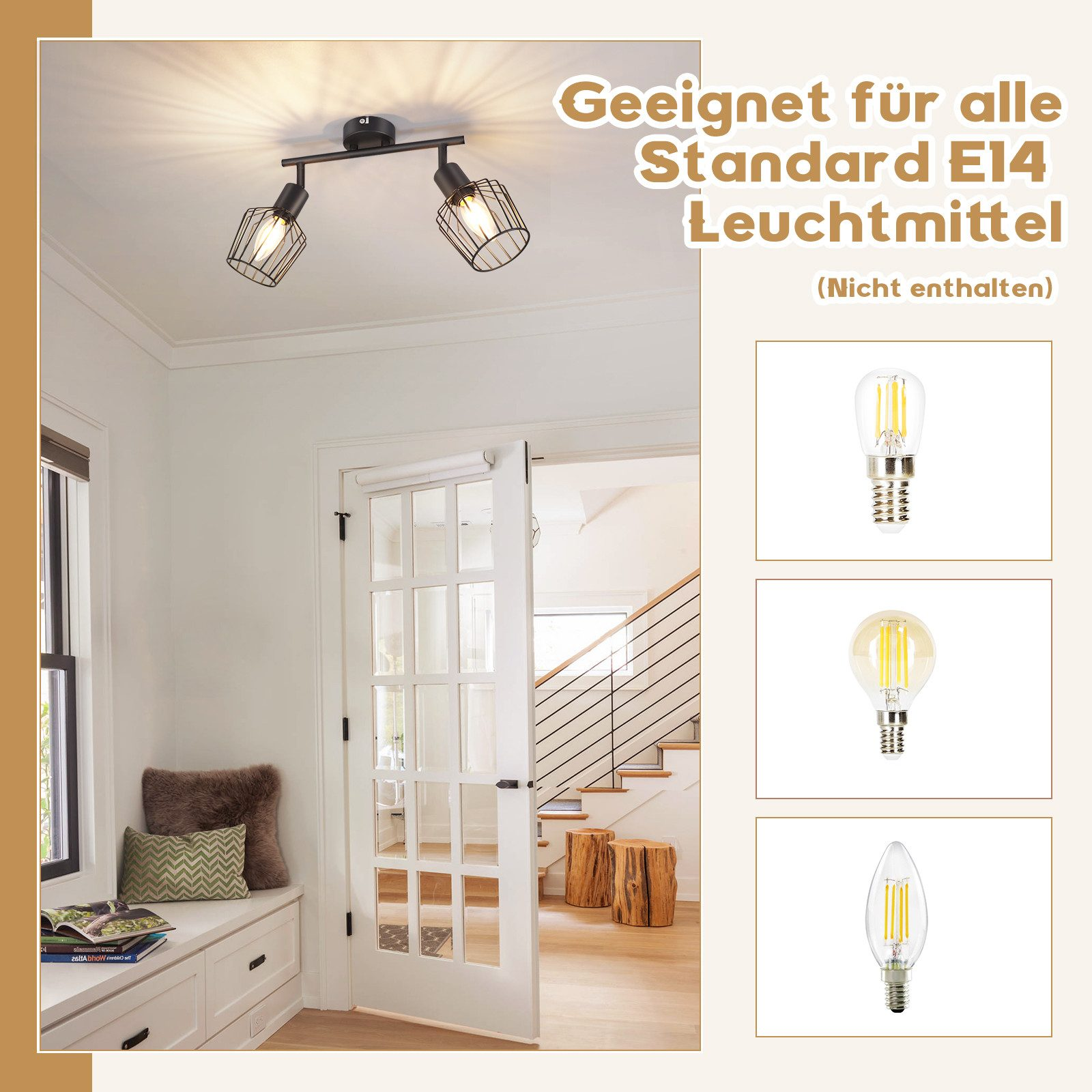 Illuminazione a binario nera con due faretti regolabili. Lampadine aggiuntive mostrate come esempi.
