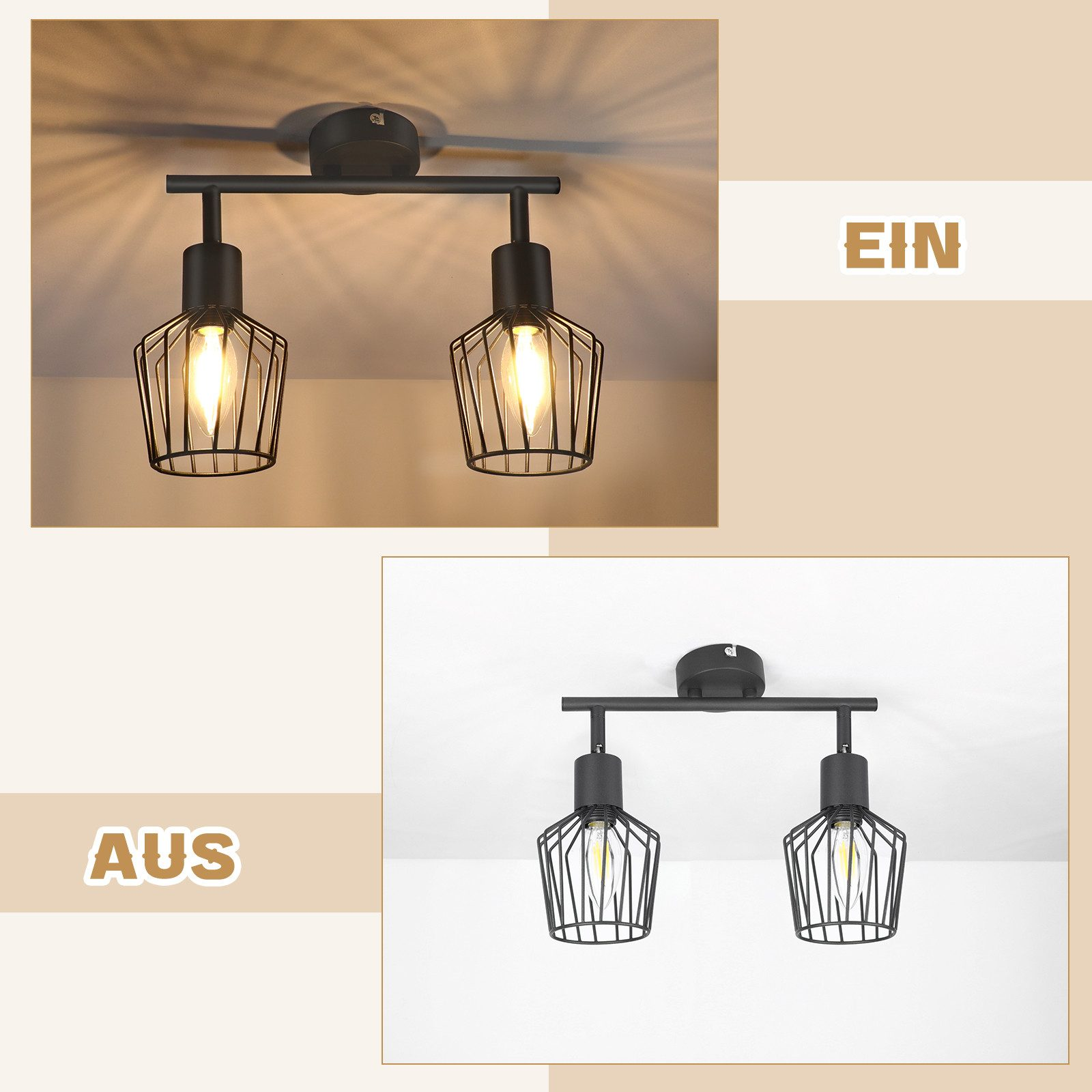 Due immagini di un apparecchio di illuminazione nero con due lampadine a gabbia. Un'immagine mostra la luce accesa, l'altra spenta.