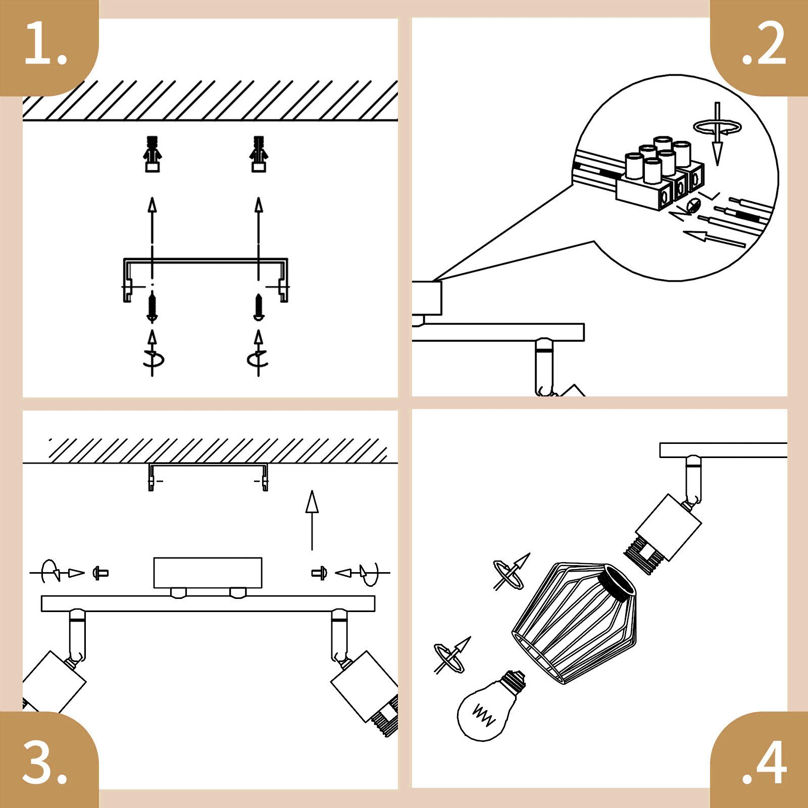 Istruzioni per l'installazione del faretto. Guida passo passo con immagini numerate. Strumenti e componenti visibili.