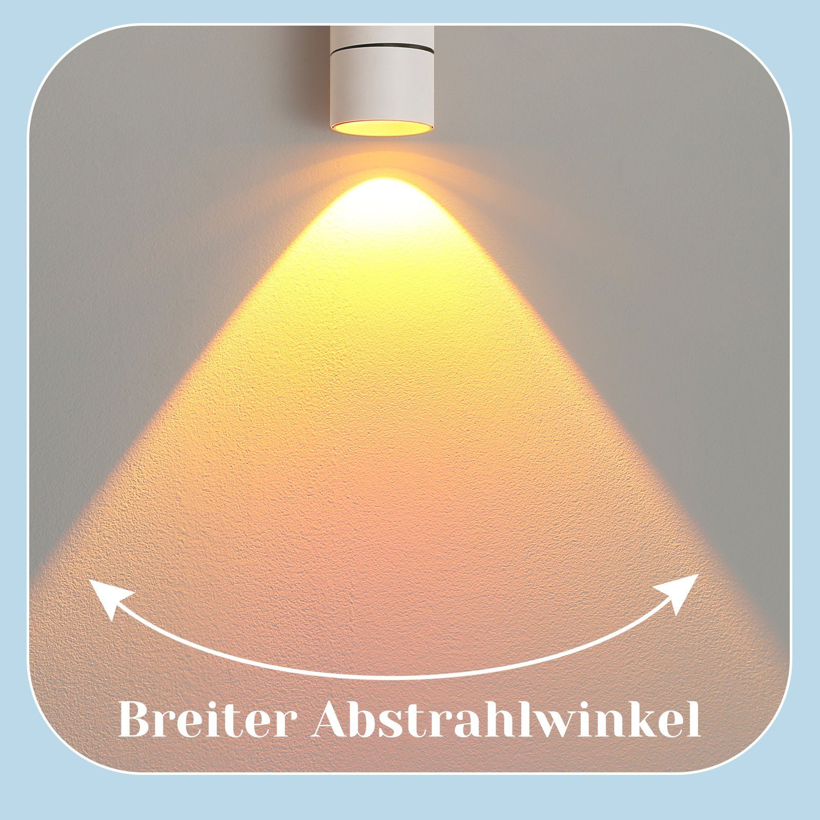 Luce da soffitto bianca con un ampio angolo di emissione. Il testo dice 'Breiter Abstrahlwinkel'.