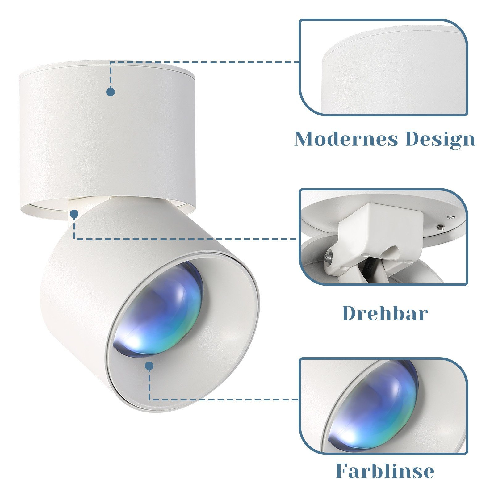 Un faretto bianco dal design moderno. Sono mostrati primi piani del design nell'immagine.