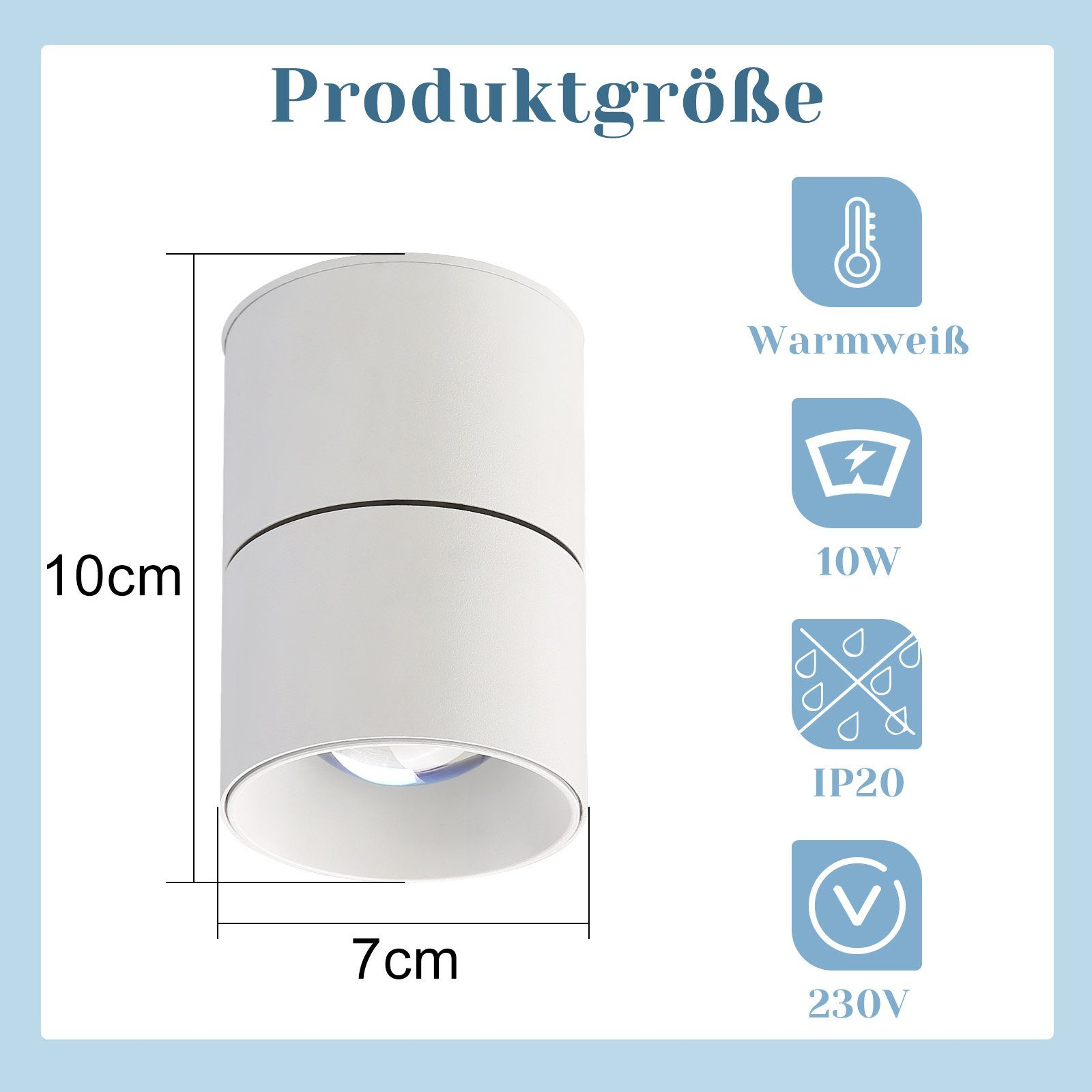 Apparecchio di illuminazione cilindrico bianco. Dimensioni: 10 cm altezza, 7 cm larghezza. Include specifiche e icone.