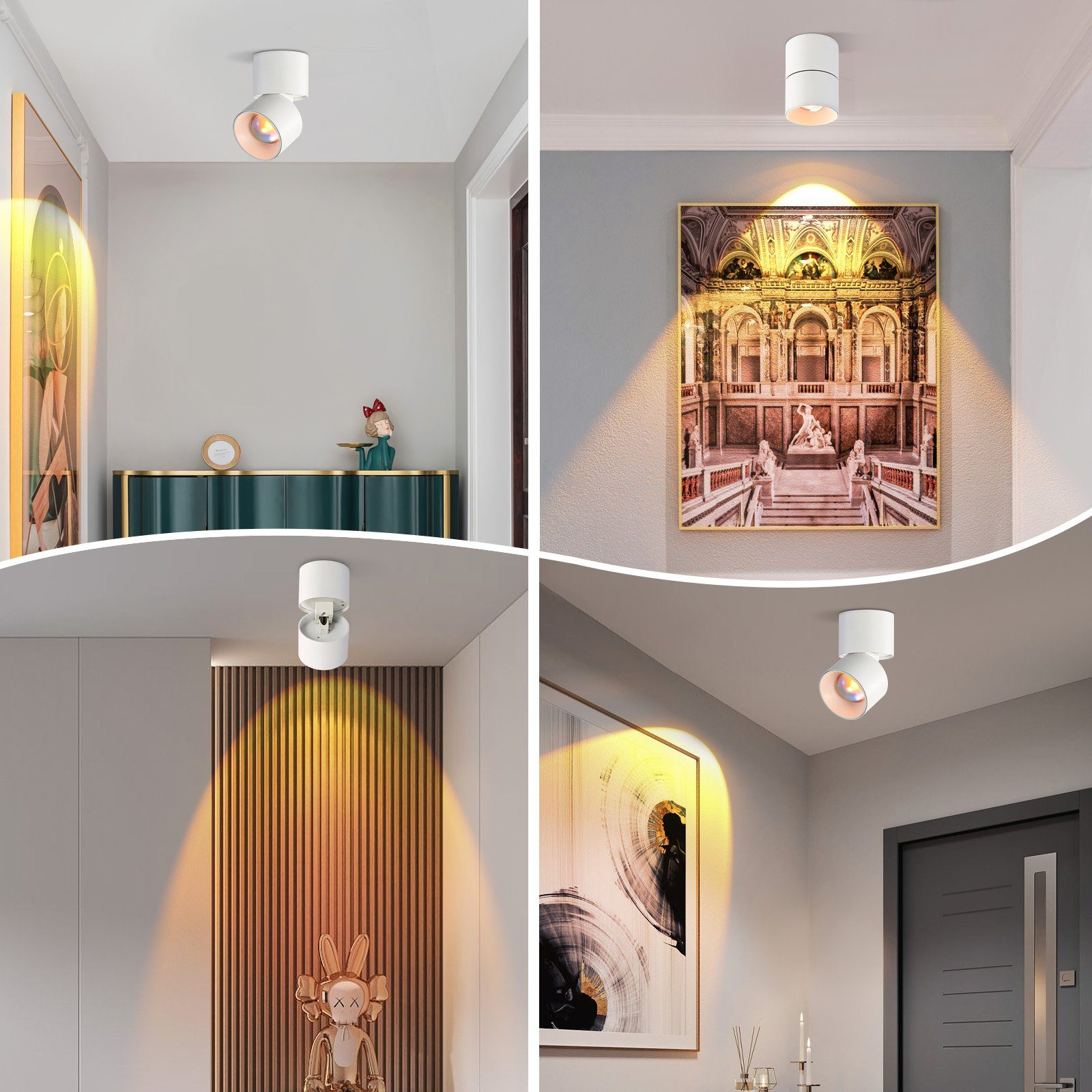 Un collage di immagini con faretti in diverse ambientazioni, che evidenziano arte e dettagli architettonici.