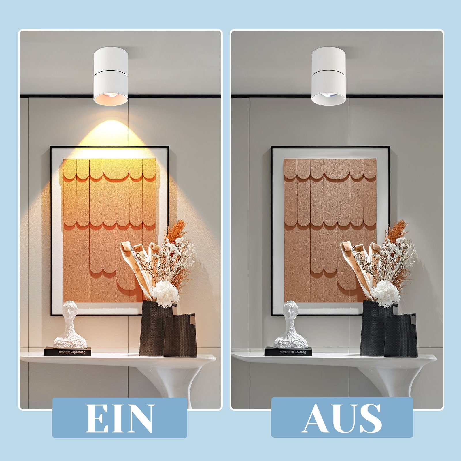 Due immagini che mostrano una parete con un dipinto e un oggetto decorativo con la luce accesa e spenta.