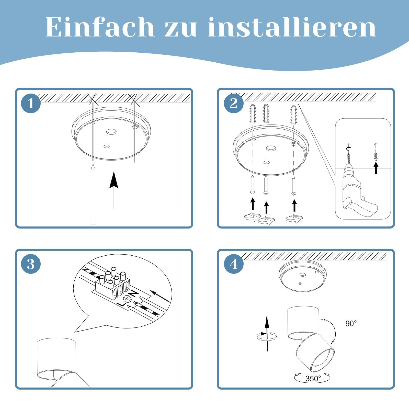 Istruzioni passo passo per installare una lampada da soffitto, con diagrammi.