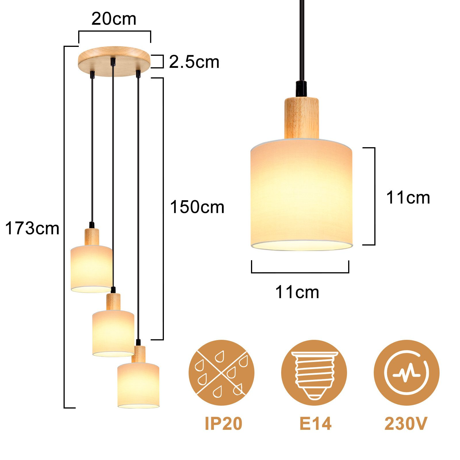 Trzy lampy wiszące, z pokazanymi wymiarami, wraz z ikonami specyfikacji IP20, E14 i 230V.