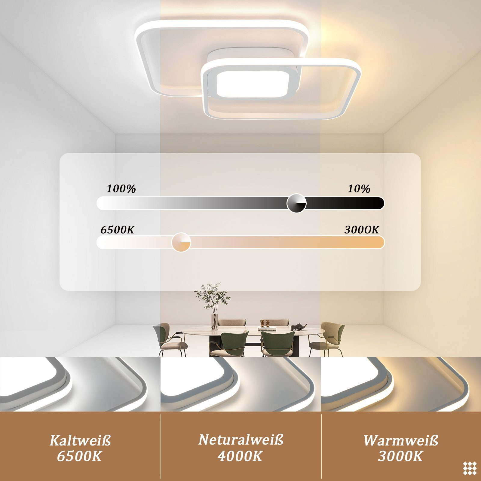 Lampa sufitowa z regulowanymi ustawieniami temperatury barwowej, pokazująca światło w różnych odcieniach.