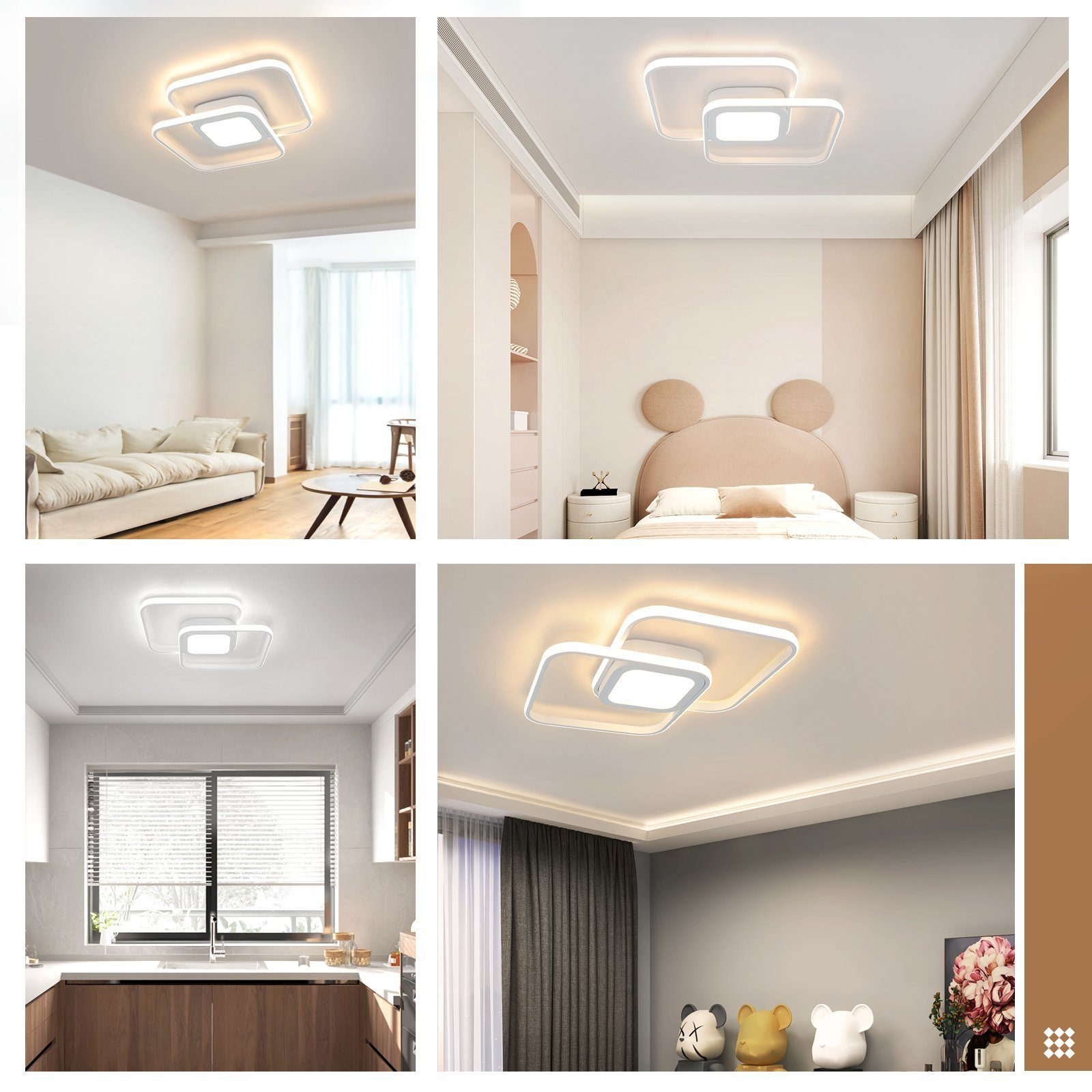 Múltiples vistas de una luz de techo blanca y cuadrada en diferentes habitaciones. La luz está rodeada por un marco blanco.