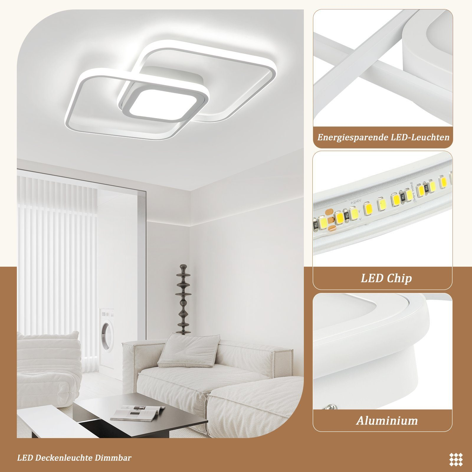 Luz de techo LED cuadrada blanca con detalles. Muestra el chip LED y piezas de aluminio.