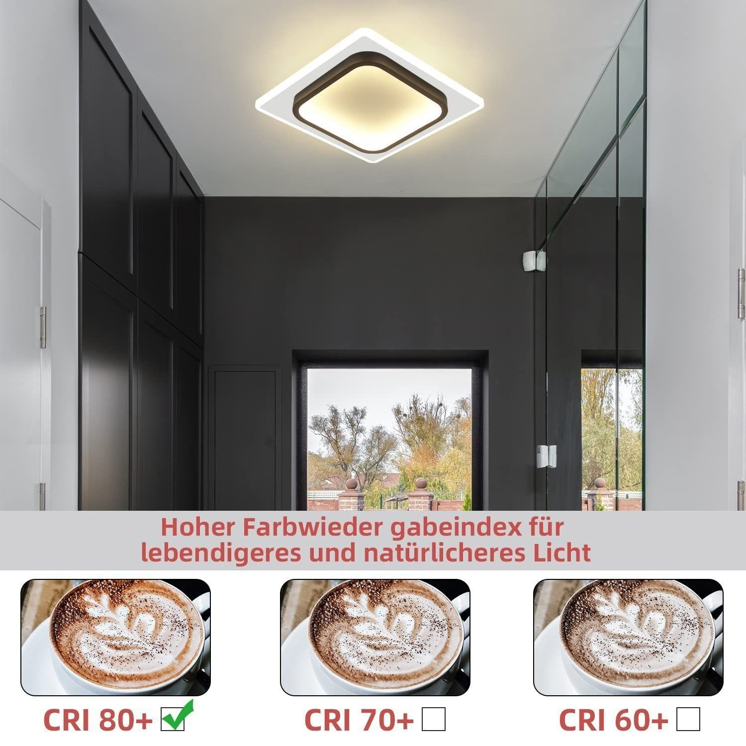Plafoniera dal design quadrato, bianca e nera. Sotto, tazze di caffè mostrano diversi livelli di luce CRI.