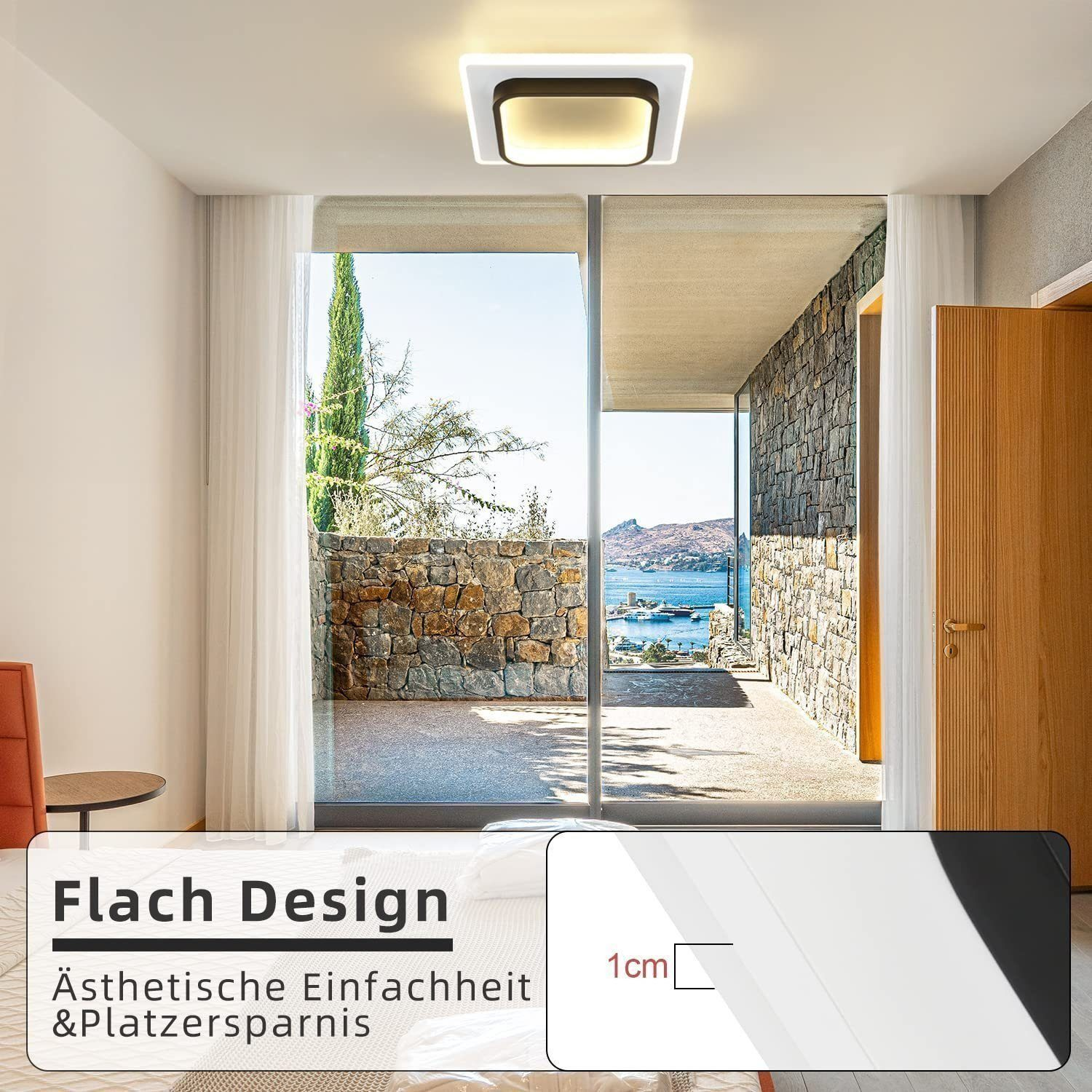 Una camera da letto con una lampada a soffitto quadrata, un letto e vista di un edificio in pietra.