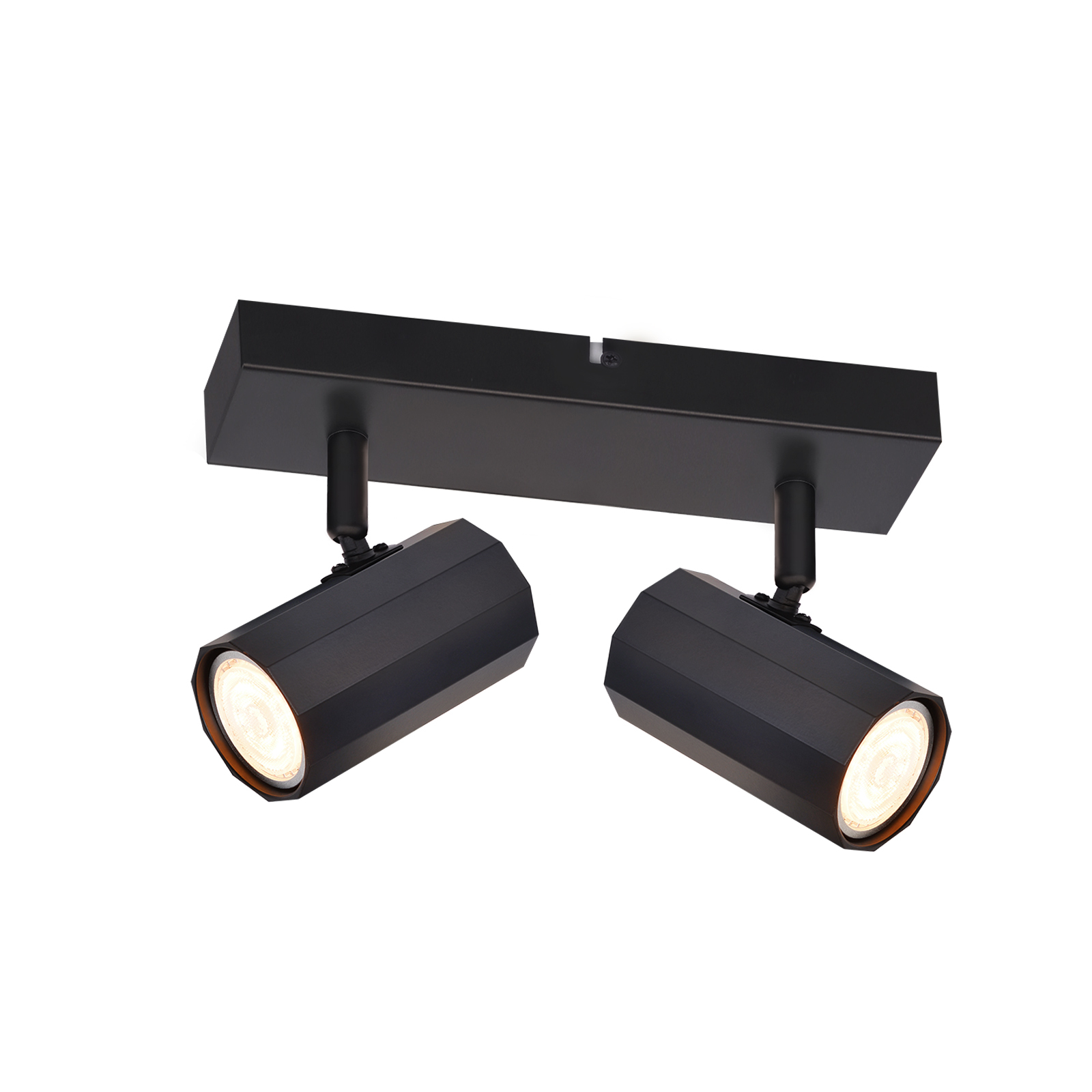Apparecchio di illuminazione a binario nero con due faretti, sfondo bianco.