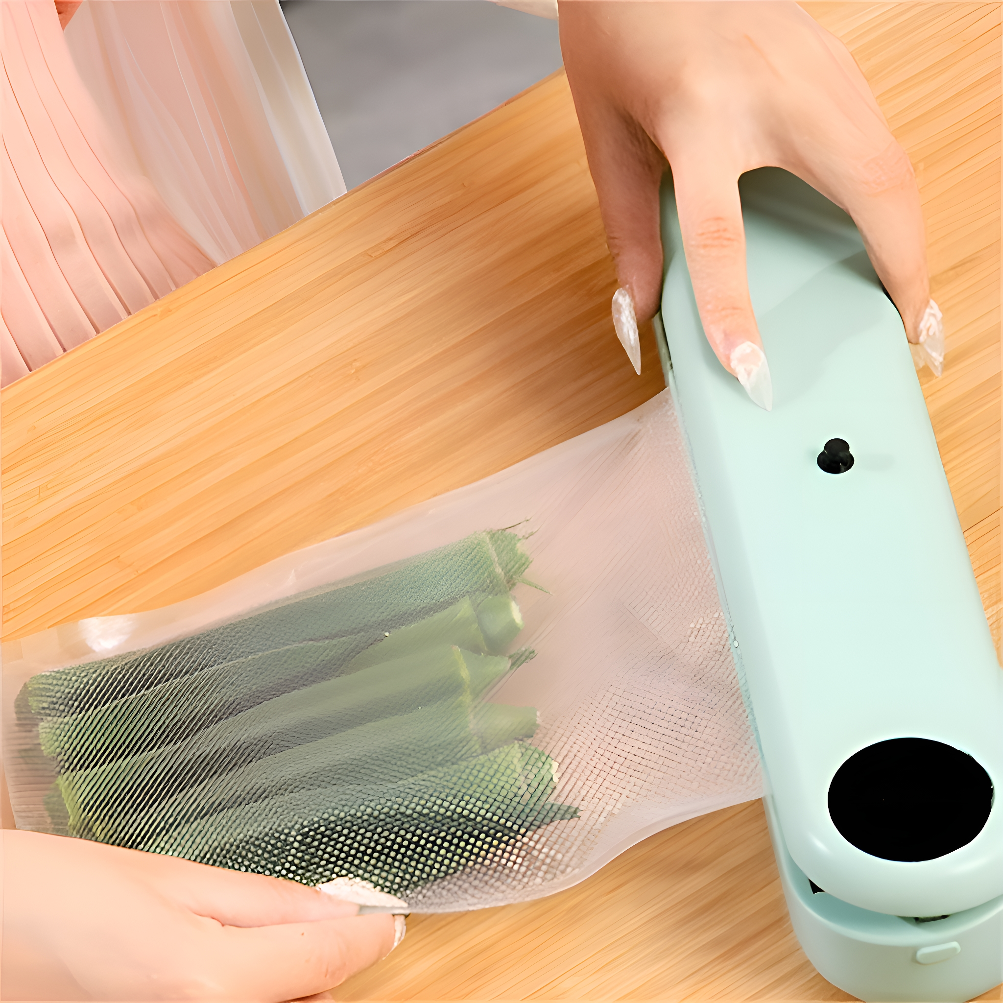 Eine Frau verschließt einen Beutel Okra mit einem mintgrünen Handversiegeler auf Holz.