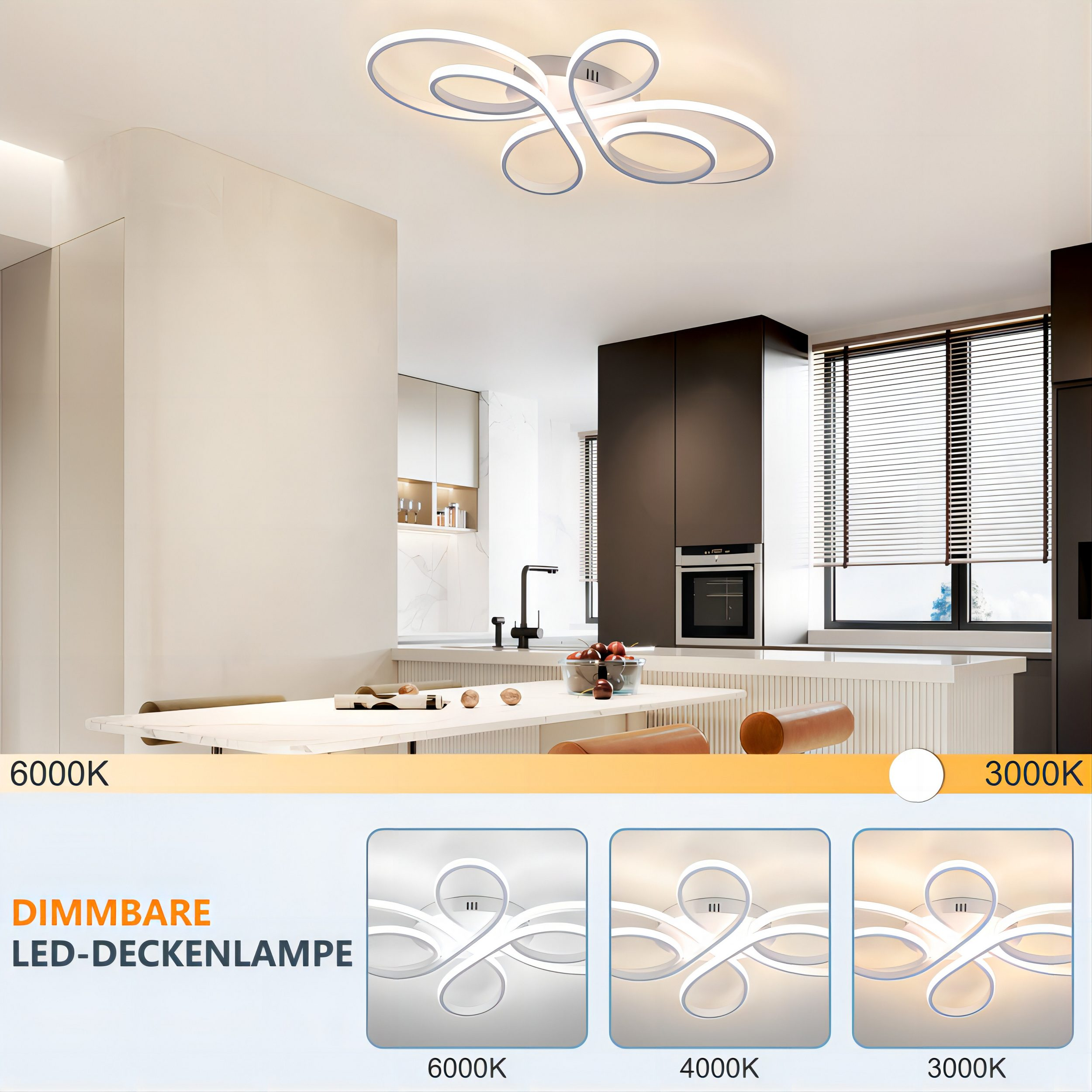 Una cucina moderna con una lampada da soffitto a LED dimmerabile. La lampada ha un design unico con una forma curva.