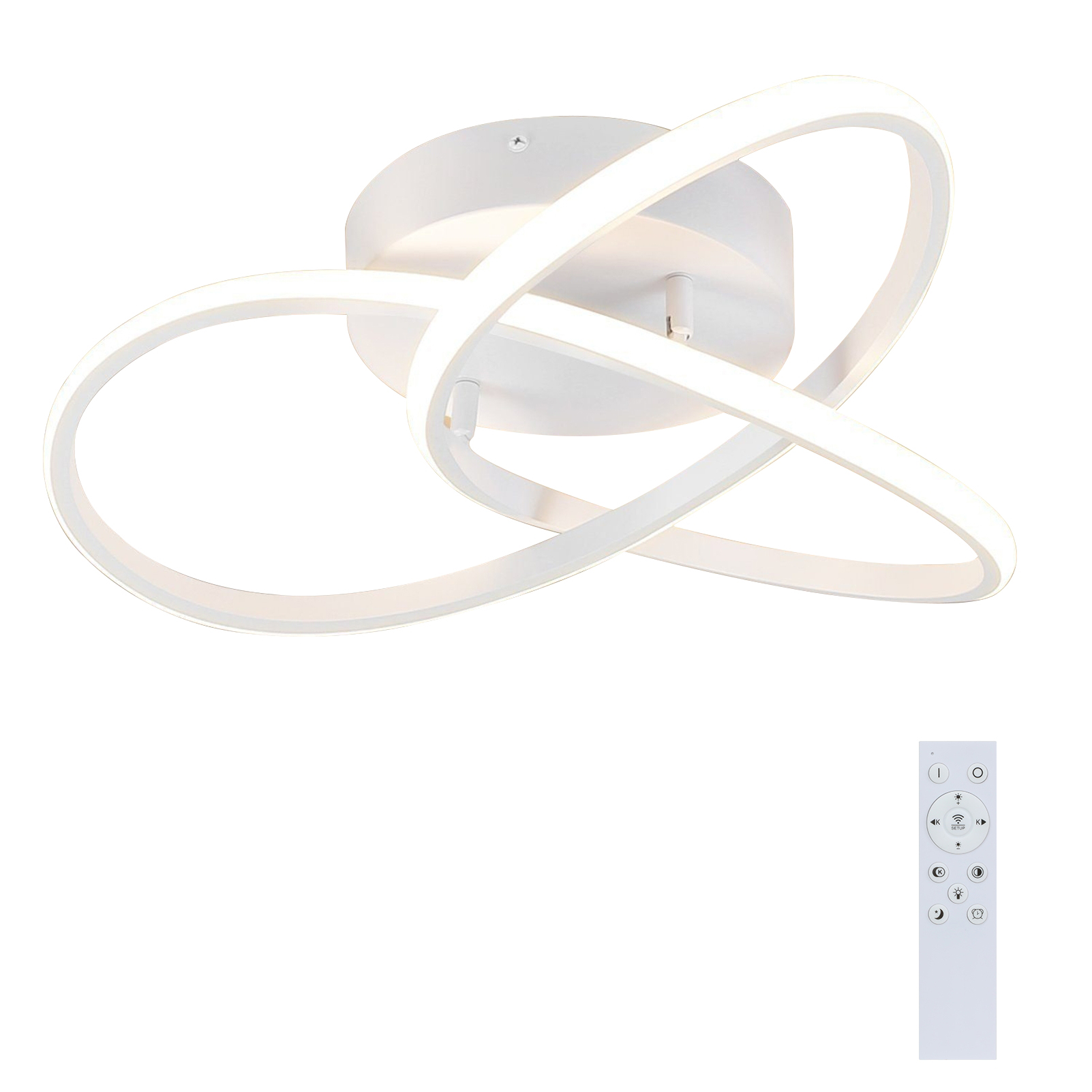 Biała lampa sufitowa z zakrzywionym designem i pilotem. Białe tło.